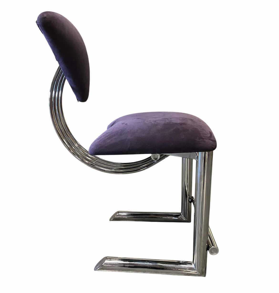 Photo 1 of ETTORE SOTTSASS MEMPHIS STYLE PURPLE UPHOLSTERED & CHROME BASE DINING CHAIRS (4) 19.5” X 24.5” H39.5” $9000