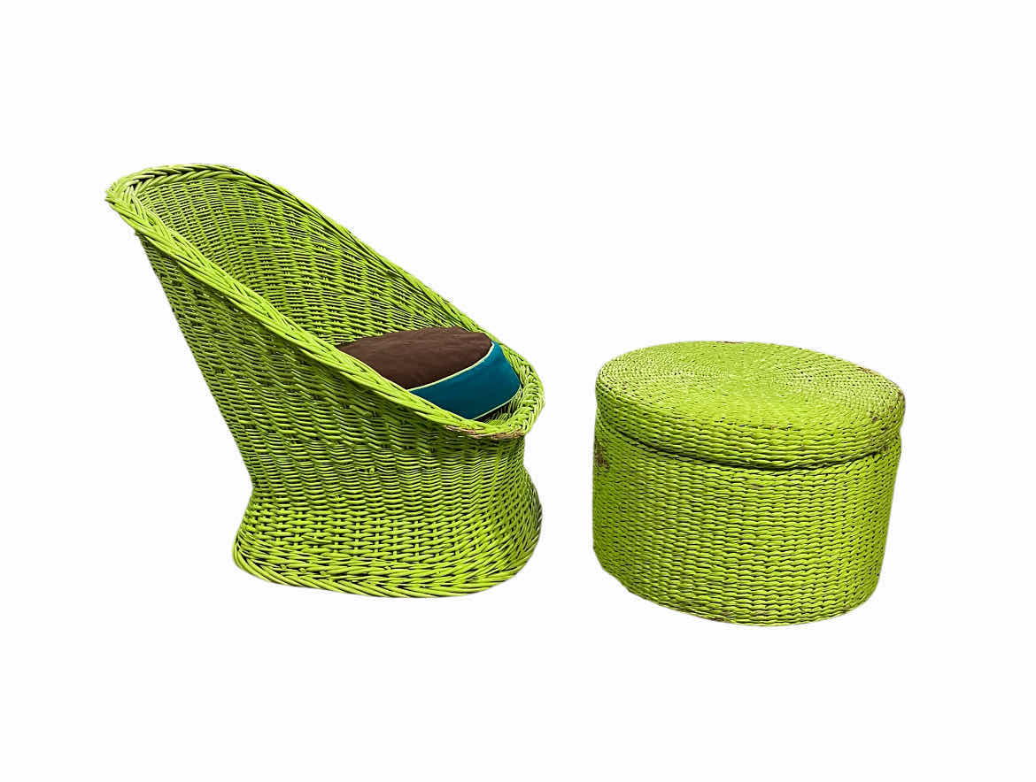 Photo 1 of LIME GREEN WICKER PATIO CHAIR 23” X 22” H27” W STORAGE SIDE TABLE/OTTOMAN