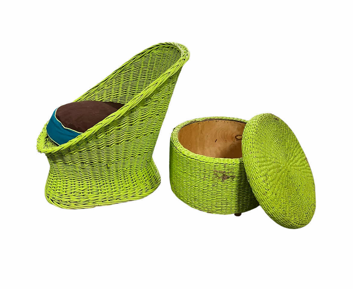 Photo 1 of LIME GREEN WICKER PATIO CHAIR 23” X 22” H27” W STORAGE SIDE TABLE/OTTOMAN