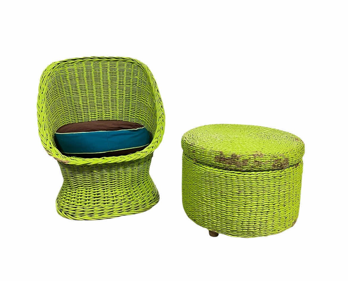 Photo 1 of LIME GREEN WICKER PATIO CHAIR 23” X 22” H27” W STORAGE SIDE TABLE/OTTOMAN