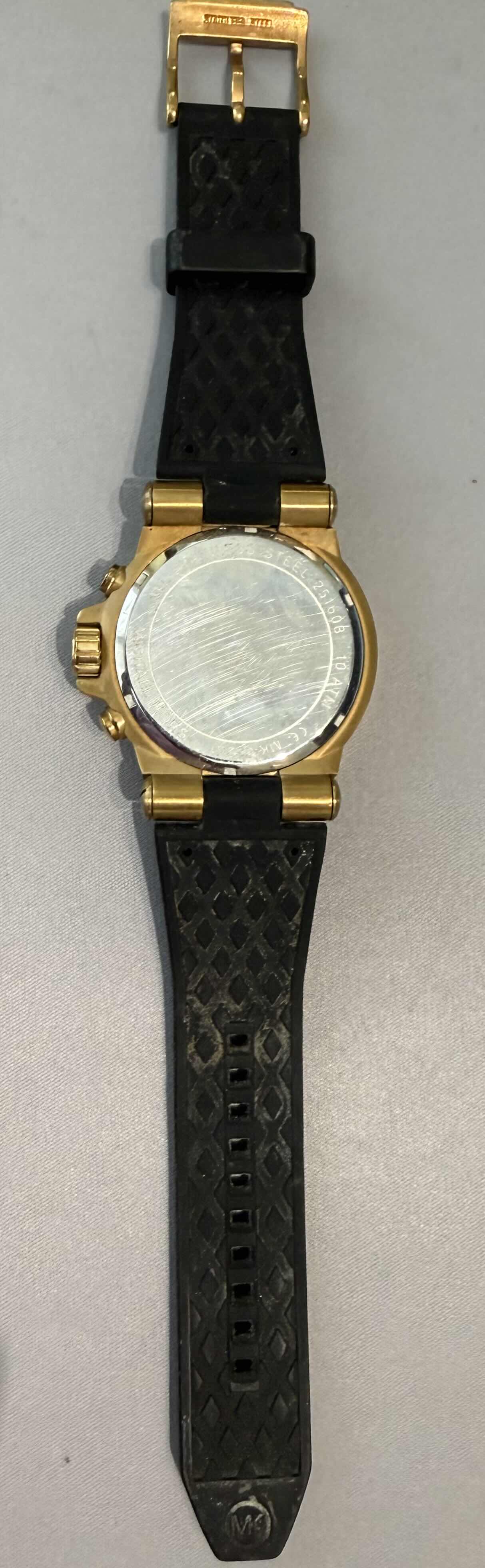 View 3 of MICHAEL KORS DYLAN 48mm MEN’S QUARTZ YELLOW GOLD TONE WATCH W BLACK SILICONE BAND $250