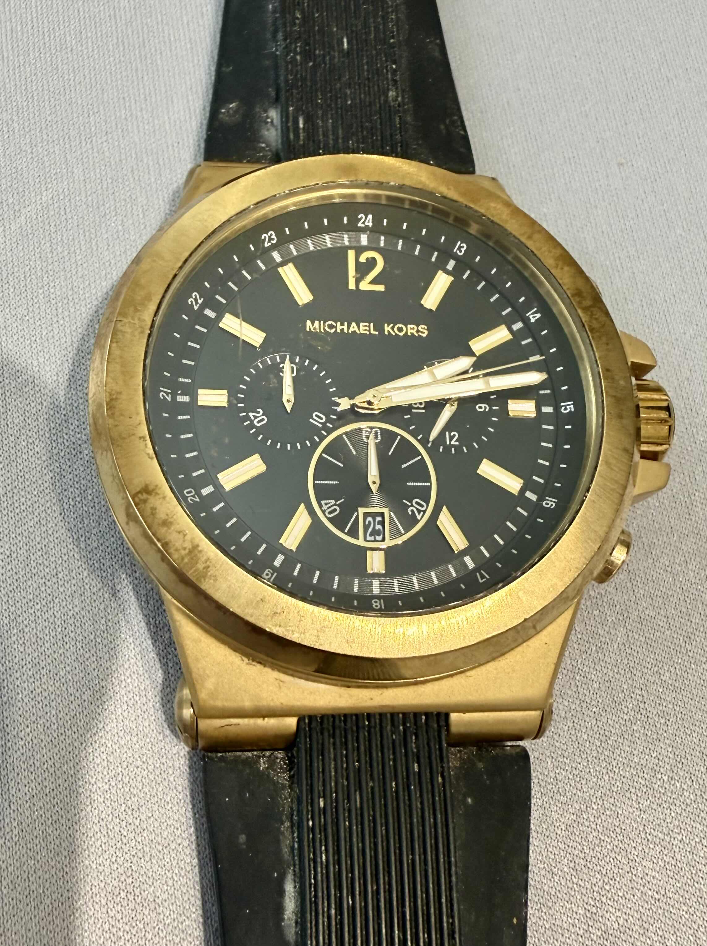 View 2 of MICHAEL KORS DYLAN 48mm MEN’S QUARTZ YELLOW GOLD TONE WATCH W BLACK SILICONE BAND $250