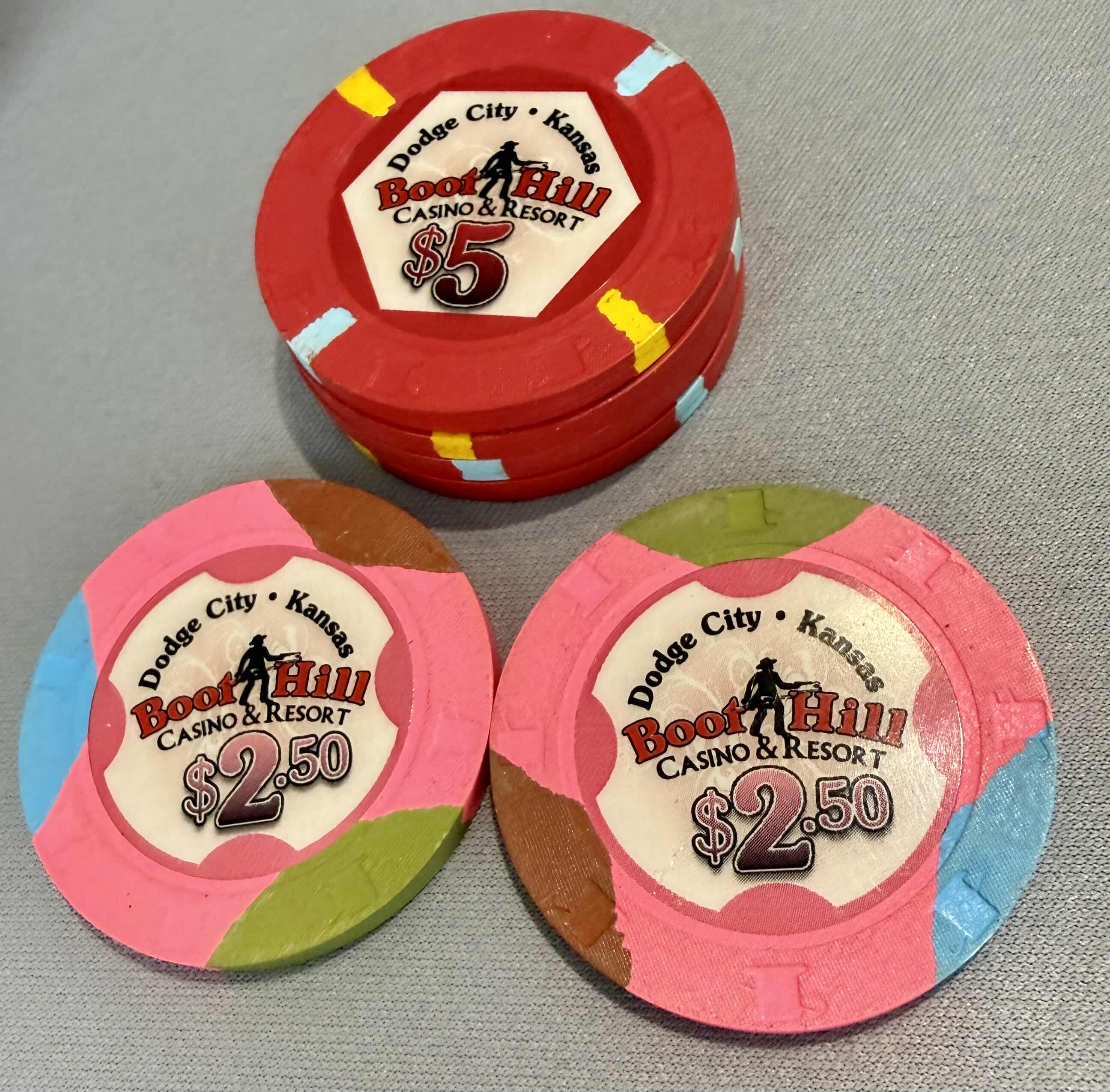 Photo 1 of 4-BOOT HILL CASINO & RESORT $5.00 GAMING CHIPS, 2-BOOT HILL CASINO & RESORT $2.50 GAMING CHIPS
