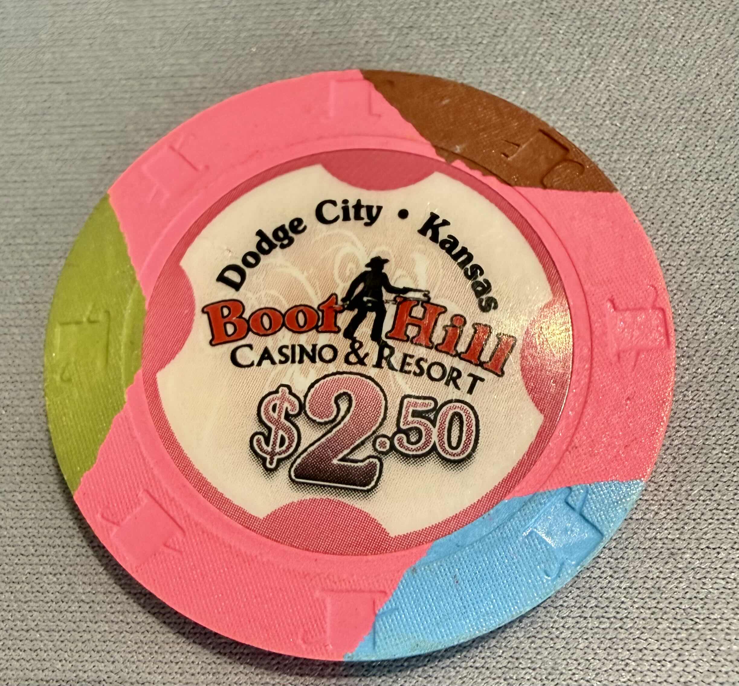 Photo 1 of 4-BOOT HILL CASINO & RESORT $5.00 GAMING CHIPS, 2-BOOT HILL CASINO & RESORT $2.50 GAMING CHIPS