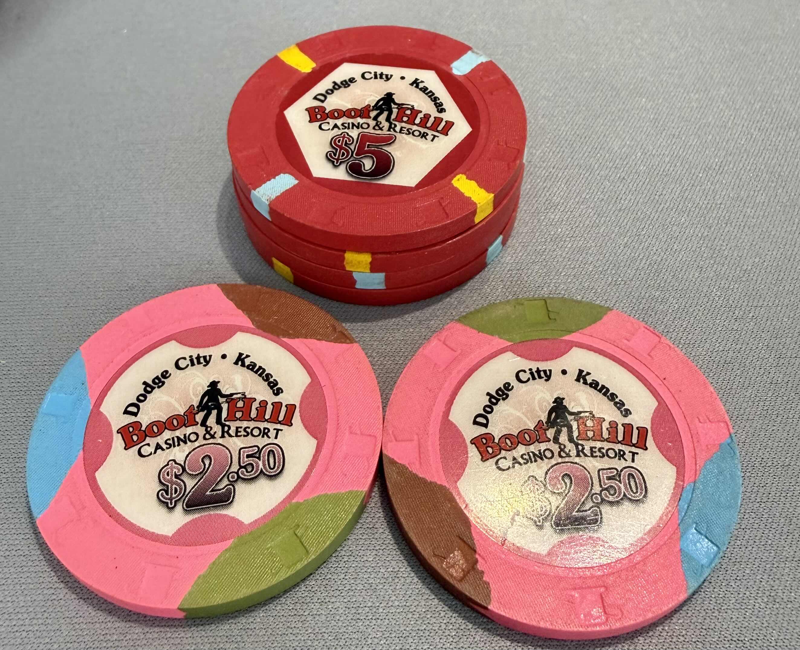 Photo 1 of 4-BOOT HILL CASINO & RESORT $5.00 GAMING CHIPS, 2-BOOT HILL CASINO & RESORT $2.50 GAMING CHIPS