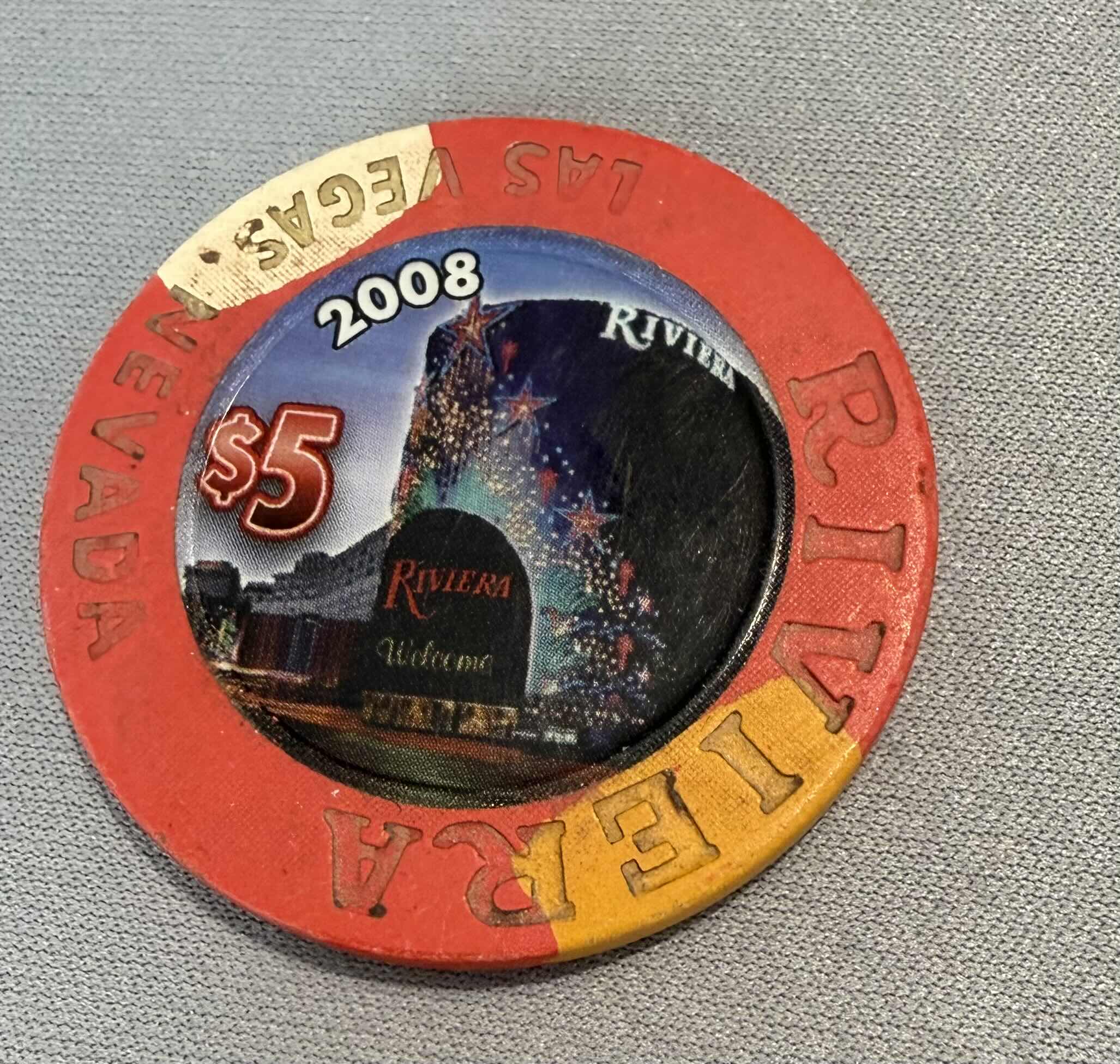 Photo 1 of 7-RIVIERA 1955 BUILDING OBSOLETE LAS VEGAS $5.00 2008 CASINO GAMING CHIPS