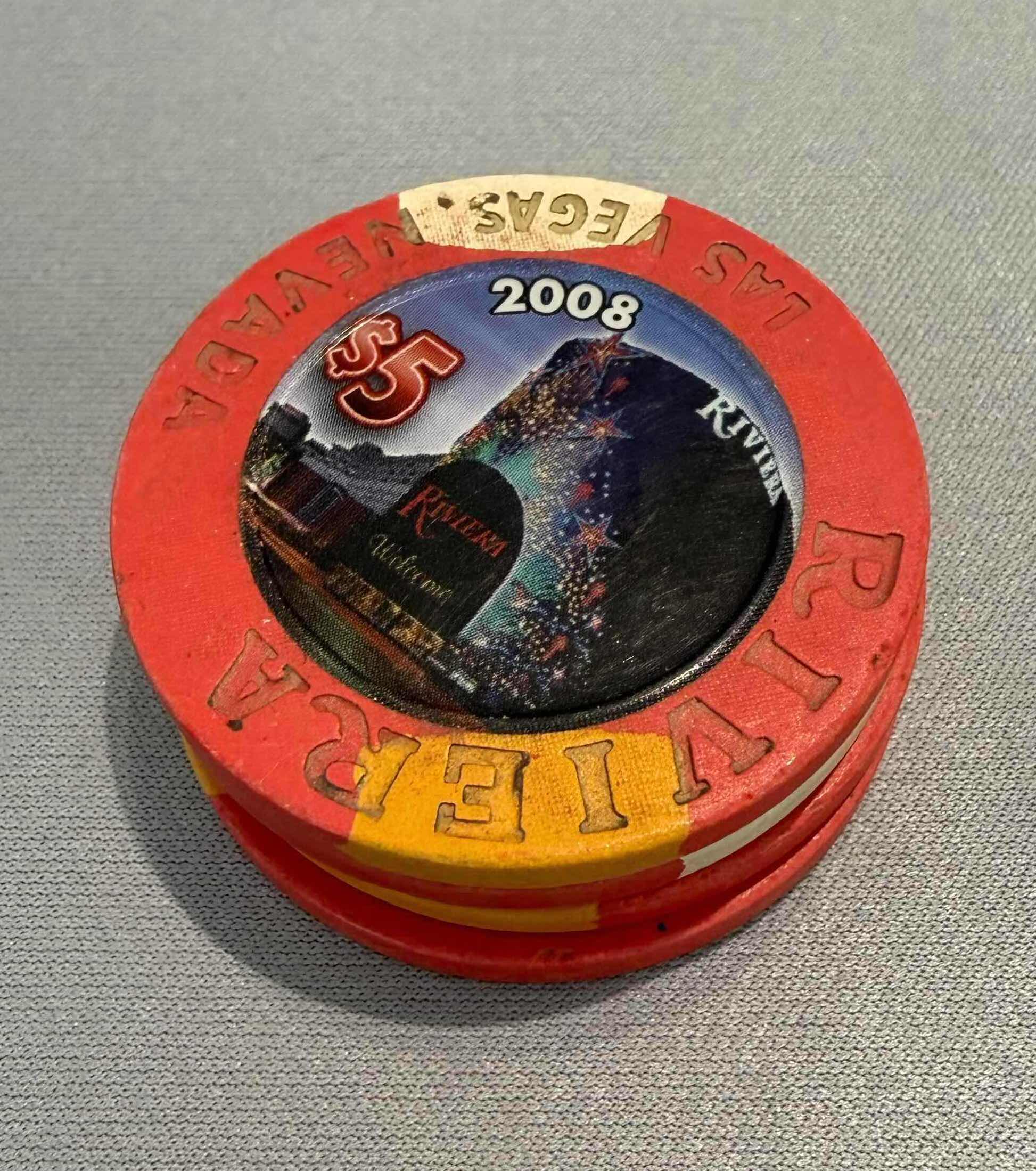 Photo 1 of 7-RIVIERA 1955 BUILDING OBSOLETE LAS VEGAS $5.00 2008 CASINO GAMING CHIPS