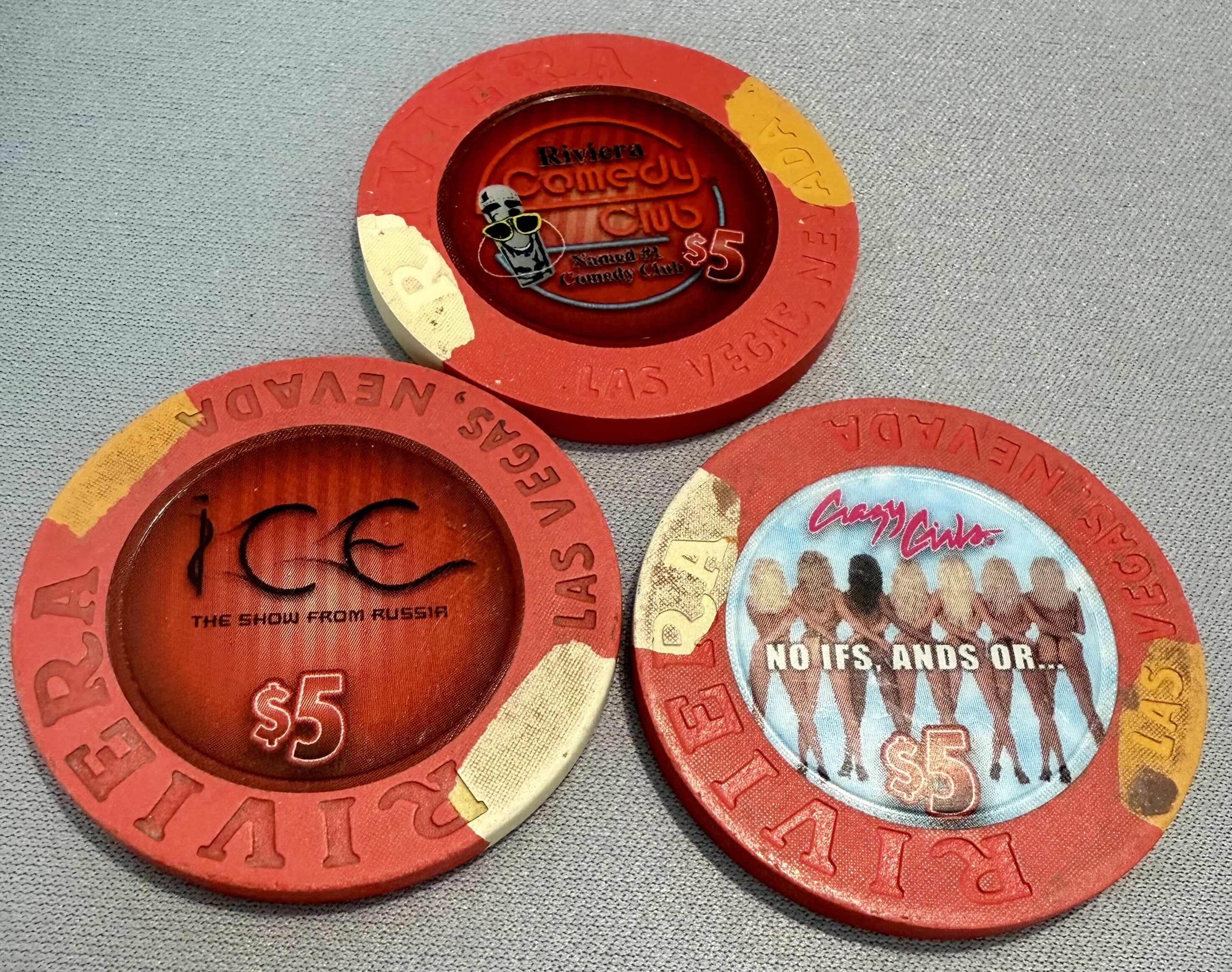 Photo 1 of 3-RIVIERA “ENTERTAINERS” LAS VEGAS $5.00 CASINO GAMING CHIPS