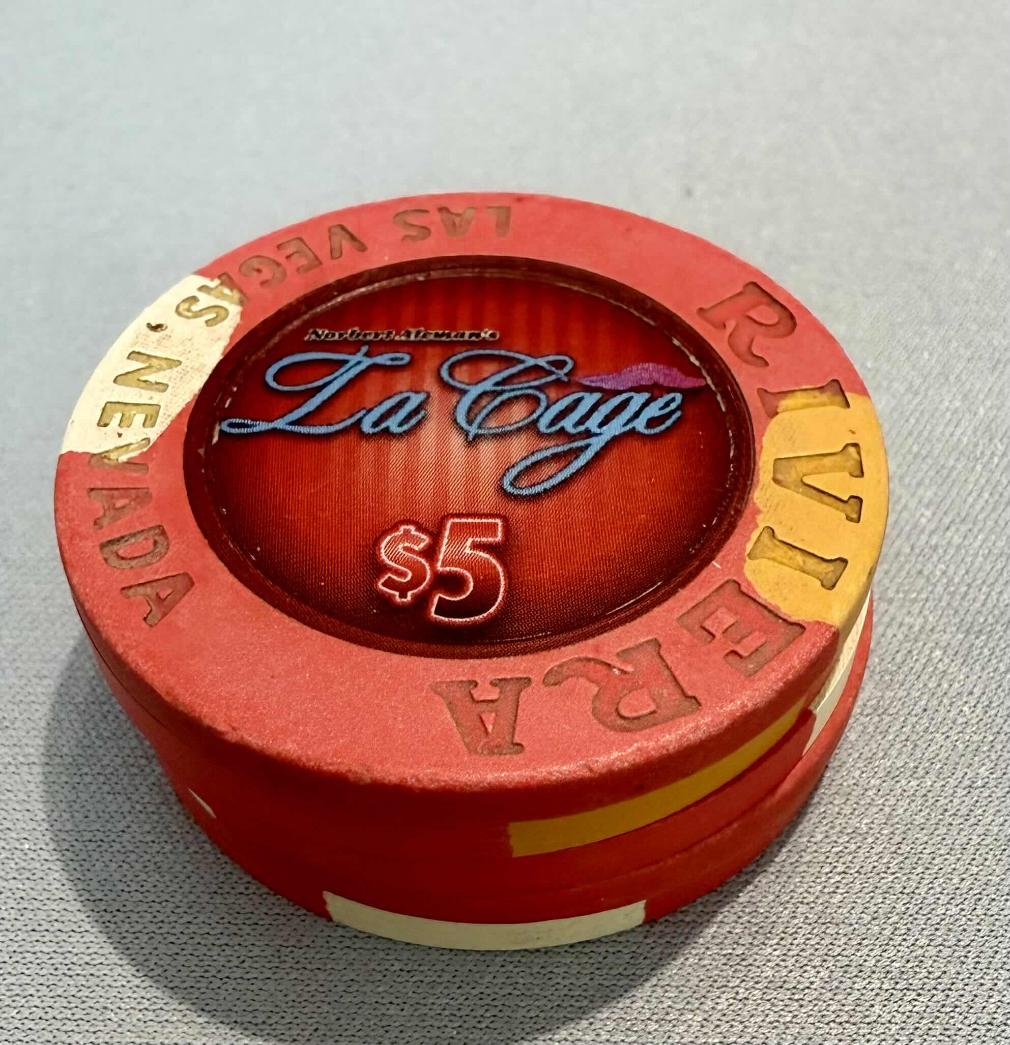 Photo 1 of 5-RIVIERA CASINO $5.00 “LA CAGE” GAMING CHIPS