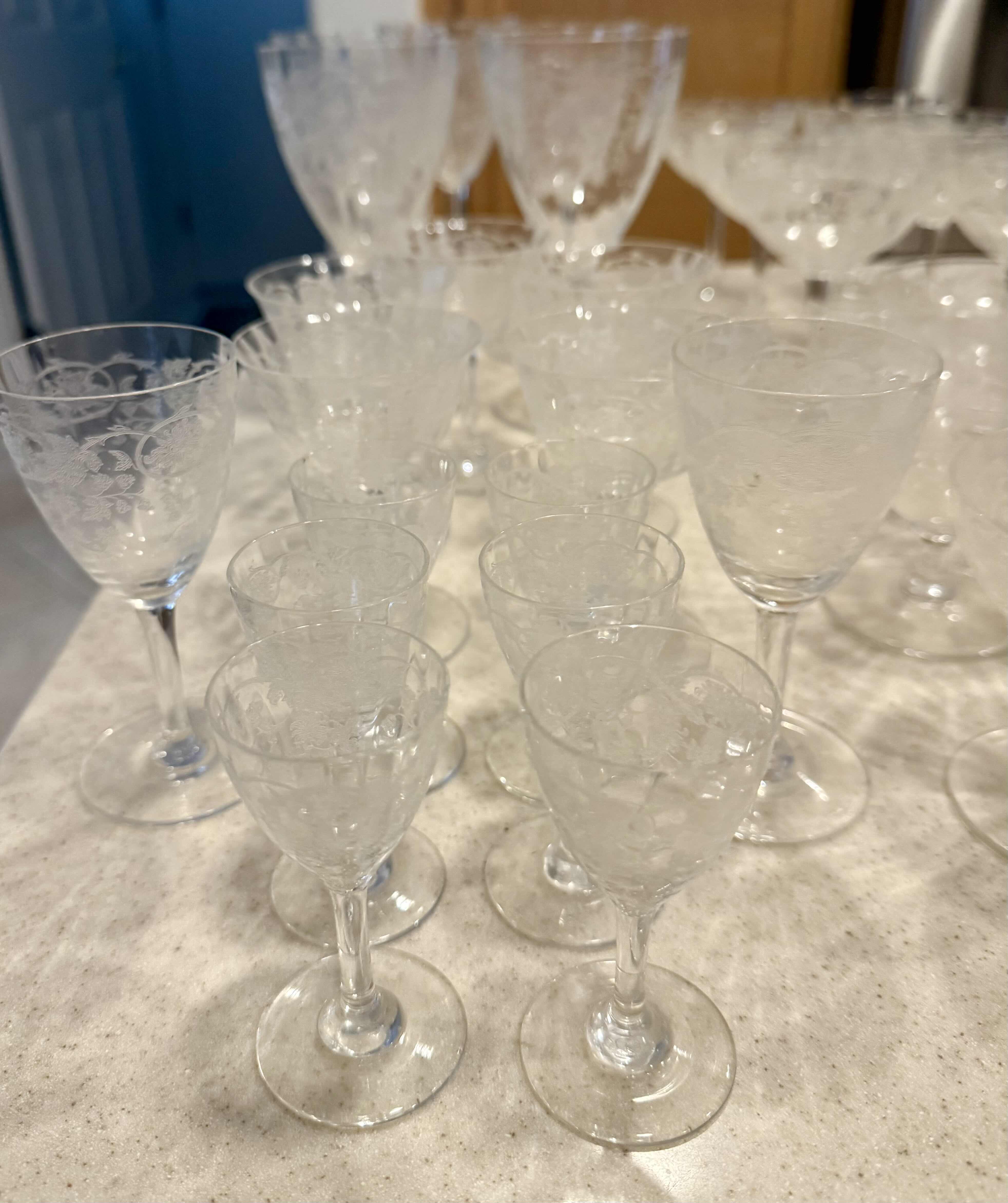 Photo 1 of 28-VINTAGE ETCHED FLORAL CRYSTAL STEMWARE (6 SIZES)