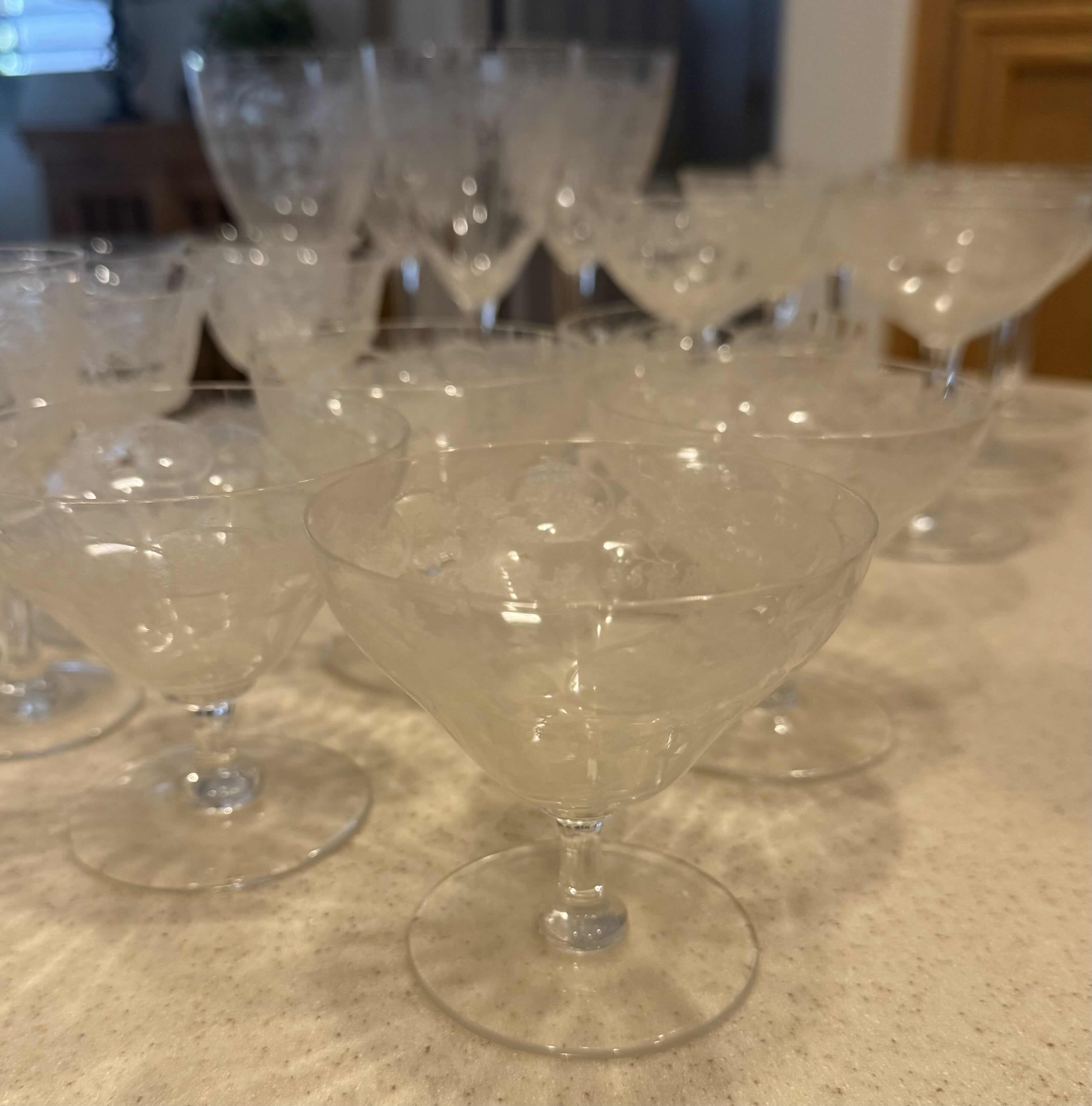 Photo 1 of 28-VINTAGE ETCHED FLORAL CRYSTAL STEMWARE (6 SIZES)