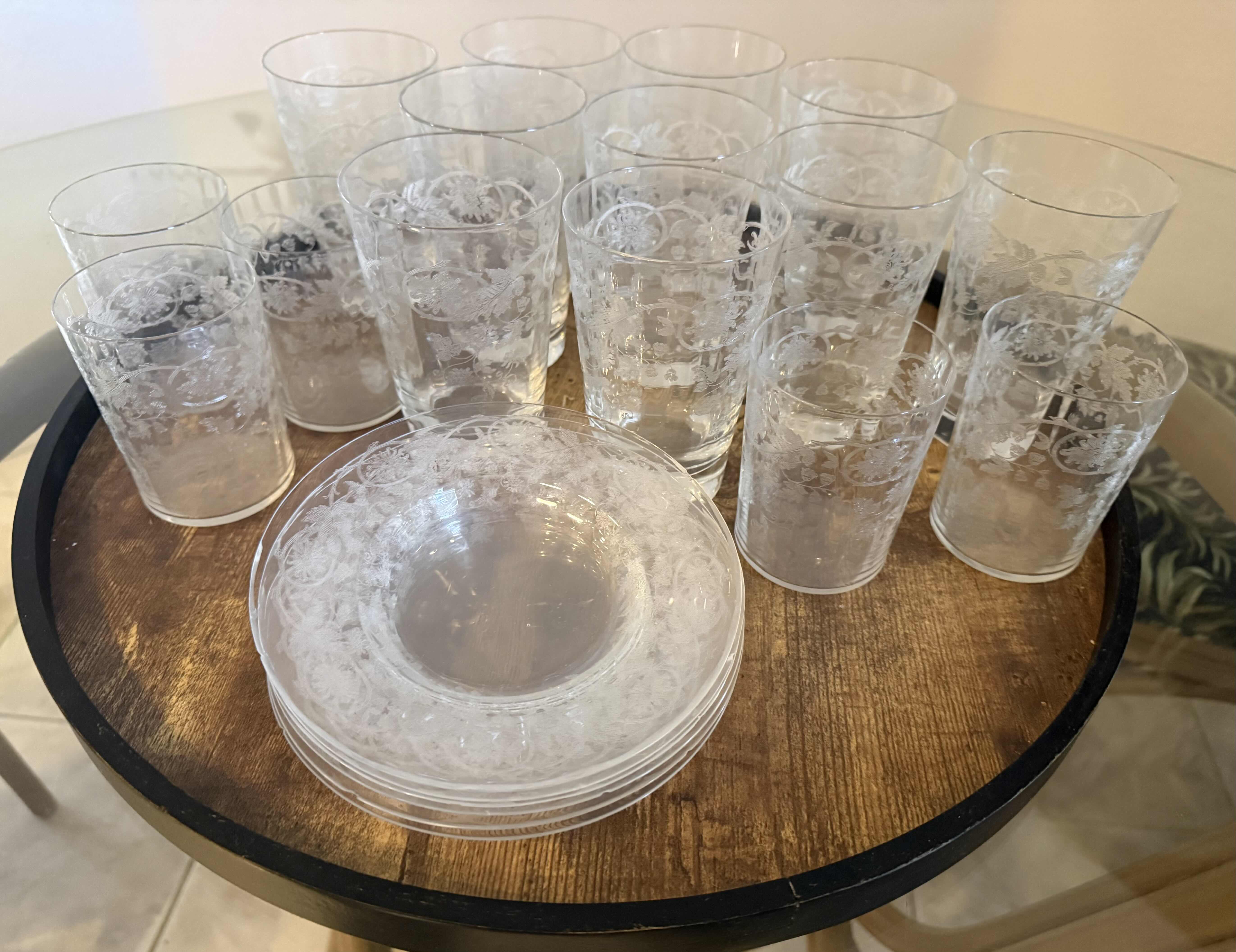 Photo 1 of 20-VINTAGE ETCHED CRYSTAL FLORAL DRINKING GLASSES & SAUCERS