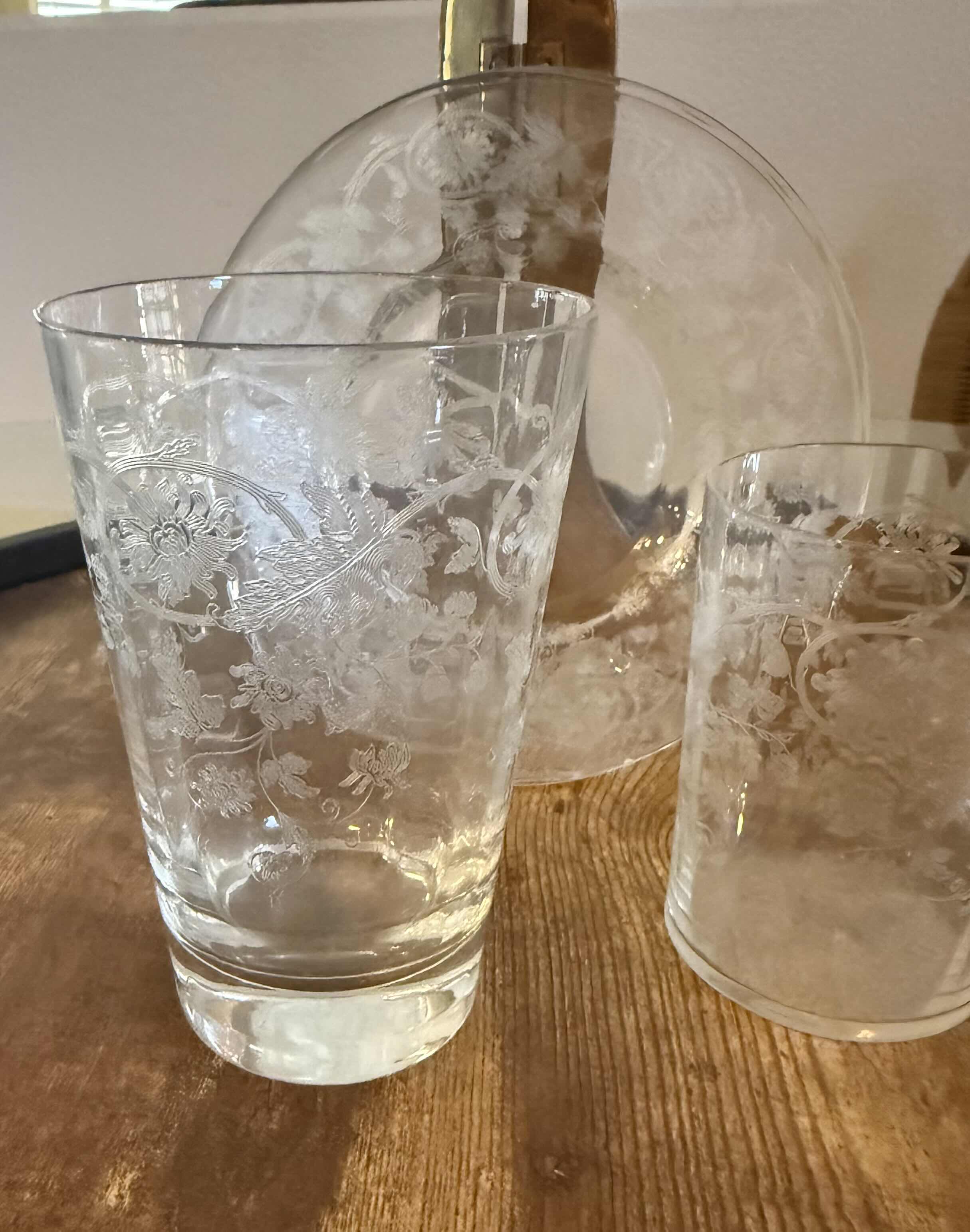 Photo 1 of 20-VINTAGE ETCHED CRYSTAL FLORAL DRINKING GLASSES & SAUCERS