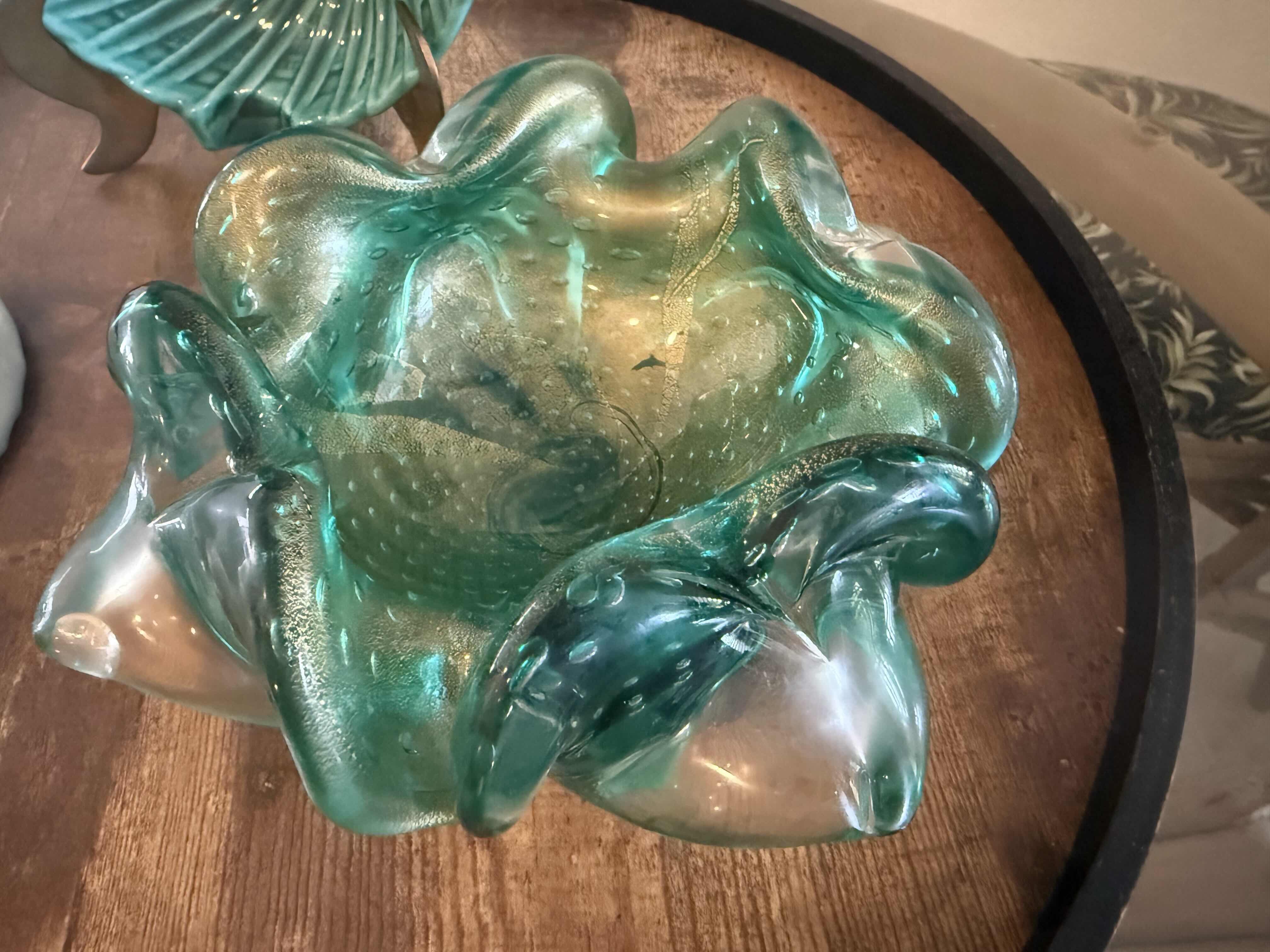 Photo 1 of 2-GREEN VINTAGE GLASS/CERAMIC ASH TRAYS, COLLECTIBLE ITALY SKI PLATE D6”