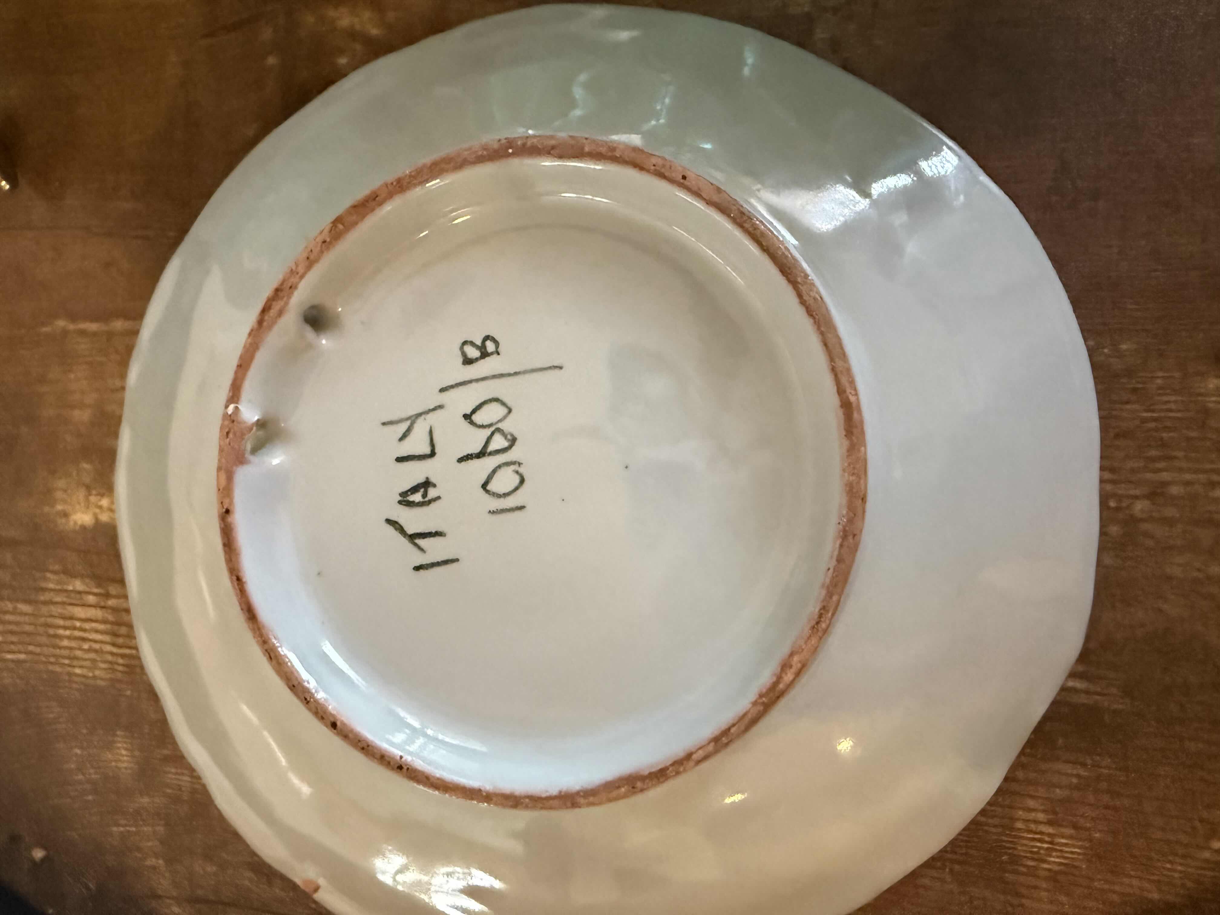 Photo 1 of 2-GREEN VINTAGE GLASS/CERAMIC ASH TRAYS, COLLECTIBLE ITALY SKI PLATE D6”