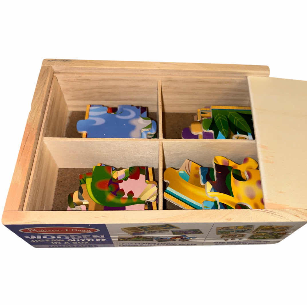 Photo 1 of NEW MELISSA & DOUG WOODEN JIGSAW PUZZLES IN A BOX, DINOSAURS & VEHICLES, FOUR 12 PC PUZZLES IN EACH BOX