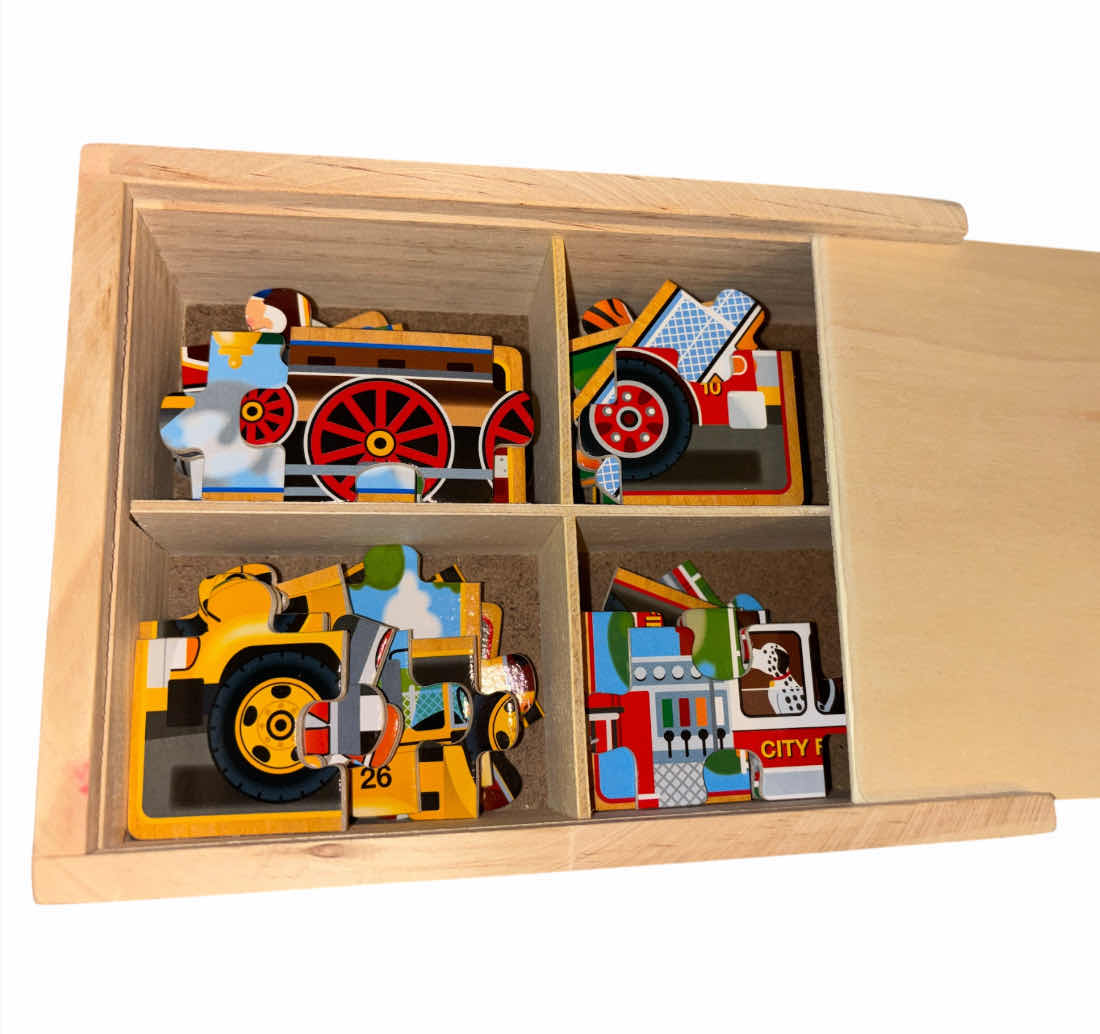 Photo 1 of NEW MELISSA & DOUG WOODEN JIGSAW PUZZLES IN A BOX, DINOSAURS & VEHICLES, FOUR 12 PC PUZZLES IN EACH BOX