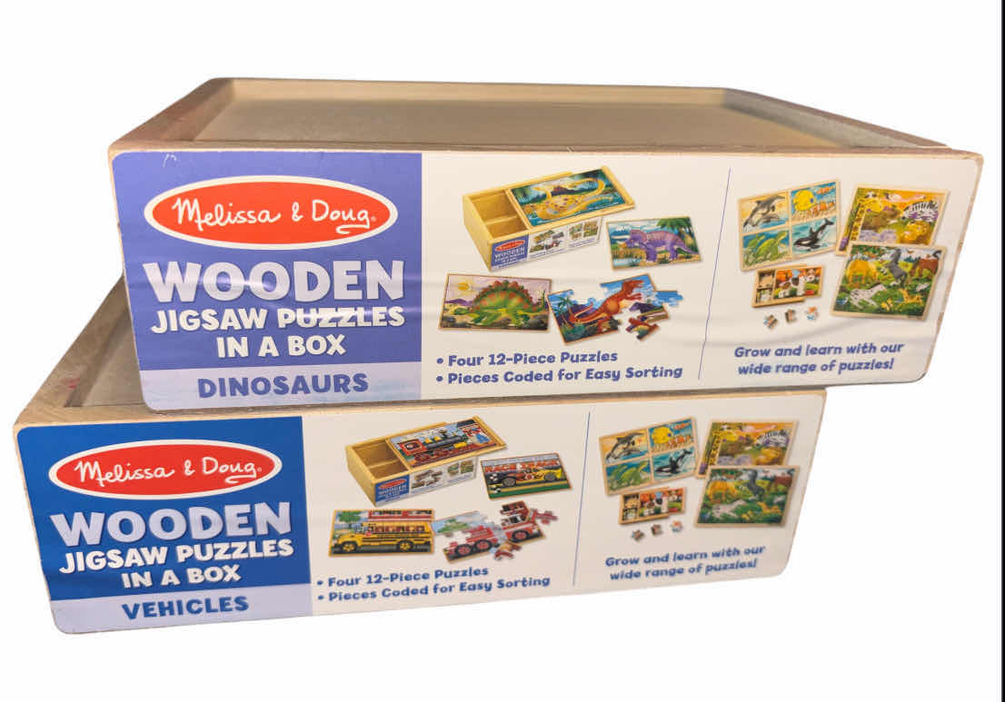 Photo 1 of NEW MELISSA & DOUG WOODEN JIGSAW PUZZLES IN A BOX, DINOSAURS & VEHICLES, FOUR 12 PC PUZZLES IN EACH BOX