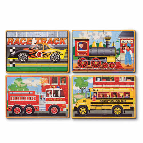 Photo 1 of NEW MELISSA & DOUG WOODEN JIGSAW PUZZLES IN A BOX, DINOSAURS & VEHICLES, FOUR 12 PC PUZZLES IN EACH BOX