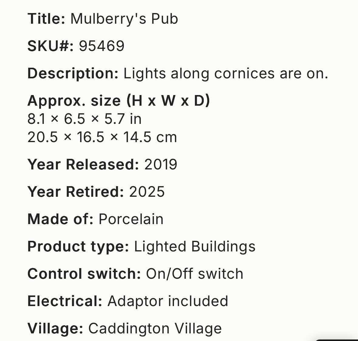 Photo 1 of LEMAX 2019 CADDINGTON VILLAGE PORCELAIN EXTERIOR LIGHTED BUILDING- MULBERRY’S PUB #95469