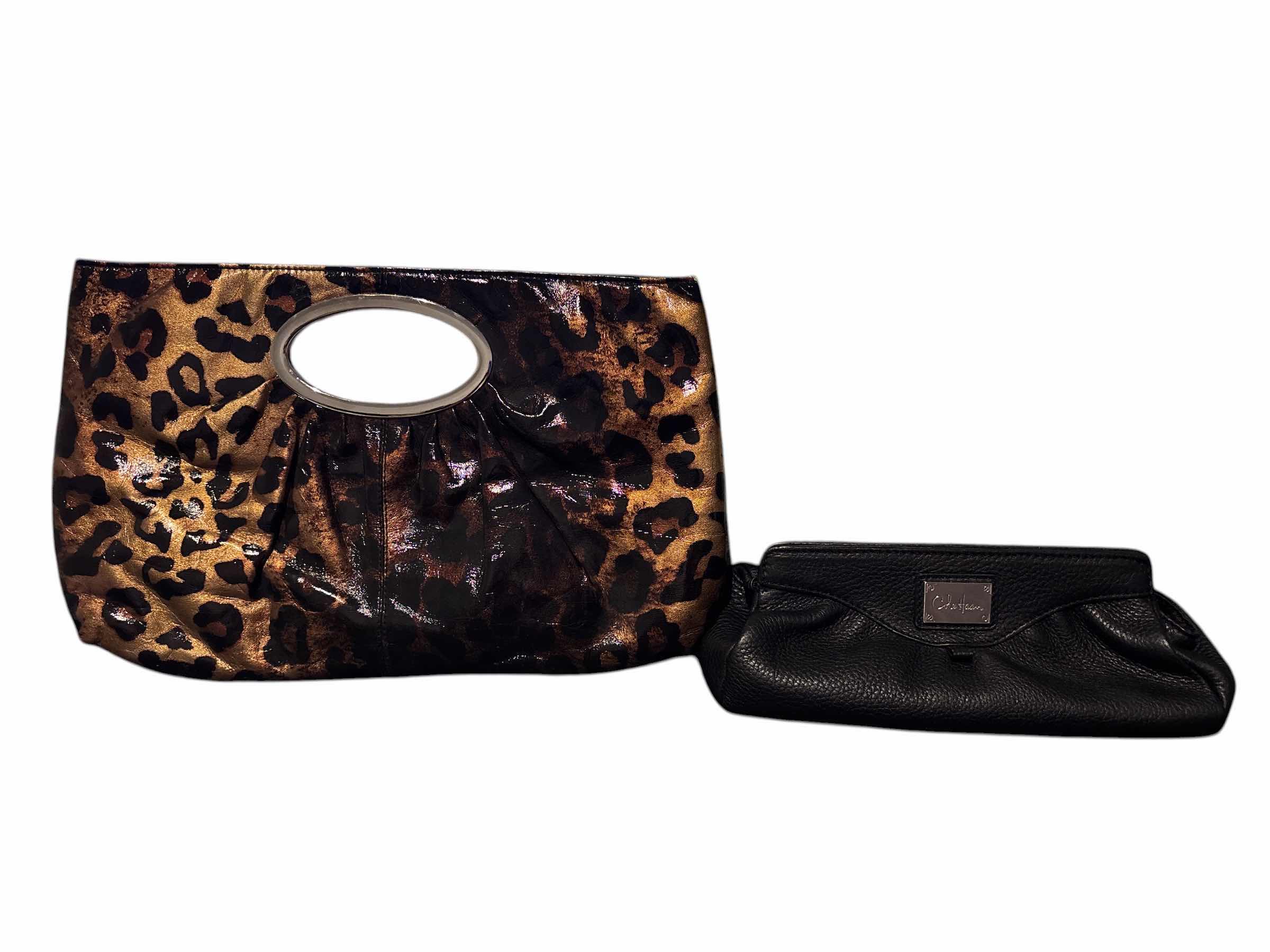Photo 1 of CLUTCH STYLE HANDBAGS (2) & POPPIE JONES LEOPARD PRINT & COLE HAAN CLUTCH/COSMETIC BAG, BLACK PEBBLE $75
