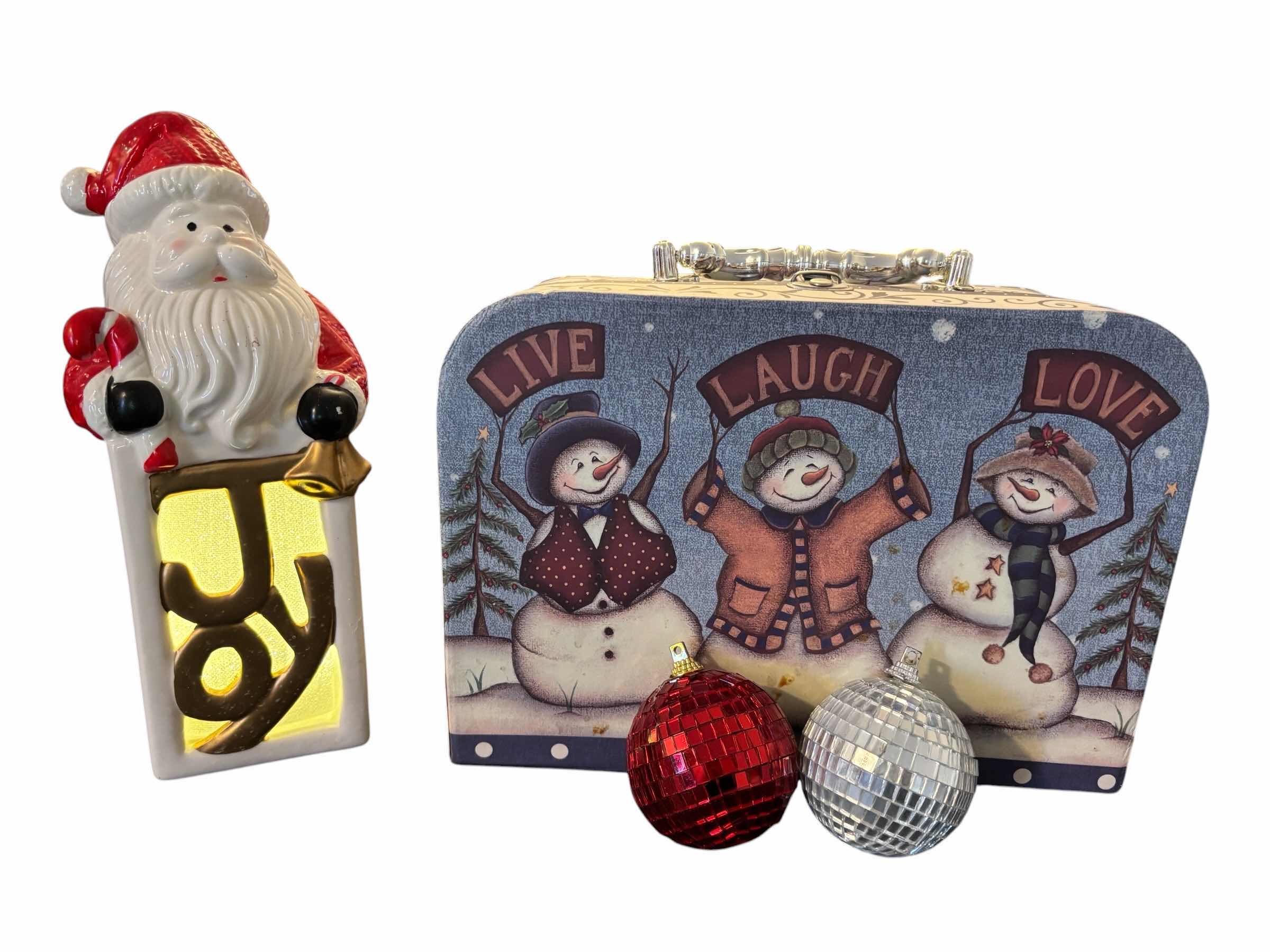Photo 1 of LIGHT-UP CERAMIC 9.5” SANTA DECOR & 12 PC RED/SILVER GLASS MIRRORBALL ORNAMENTS IN DECORATIVE STORAGE BOX