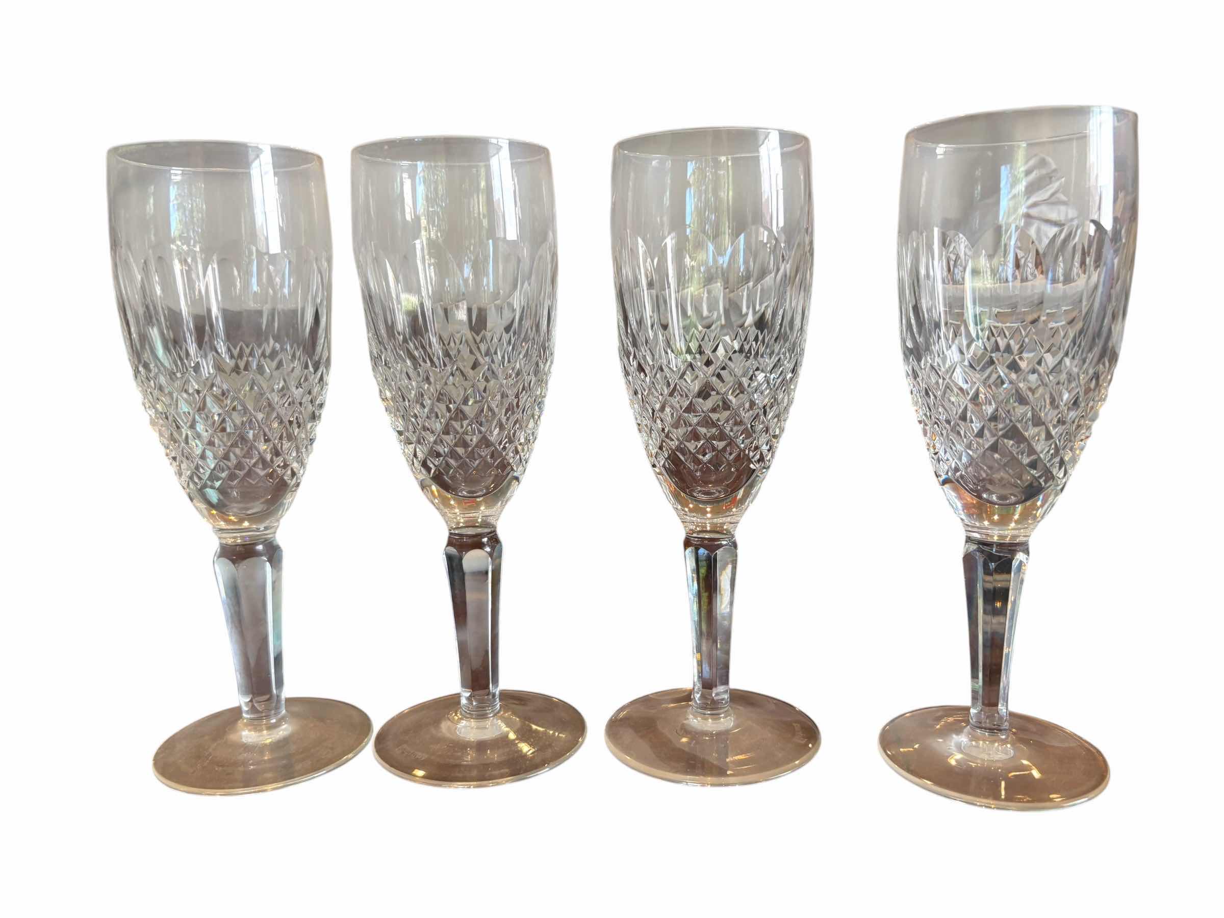 View 1 of (4)PCS WATERFORD CRYSTAL COLLEEN TALL STEM FLUTED CHAMPAGNE DIAMOND CUT PATTERN H7”