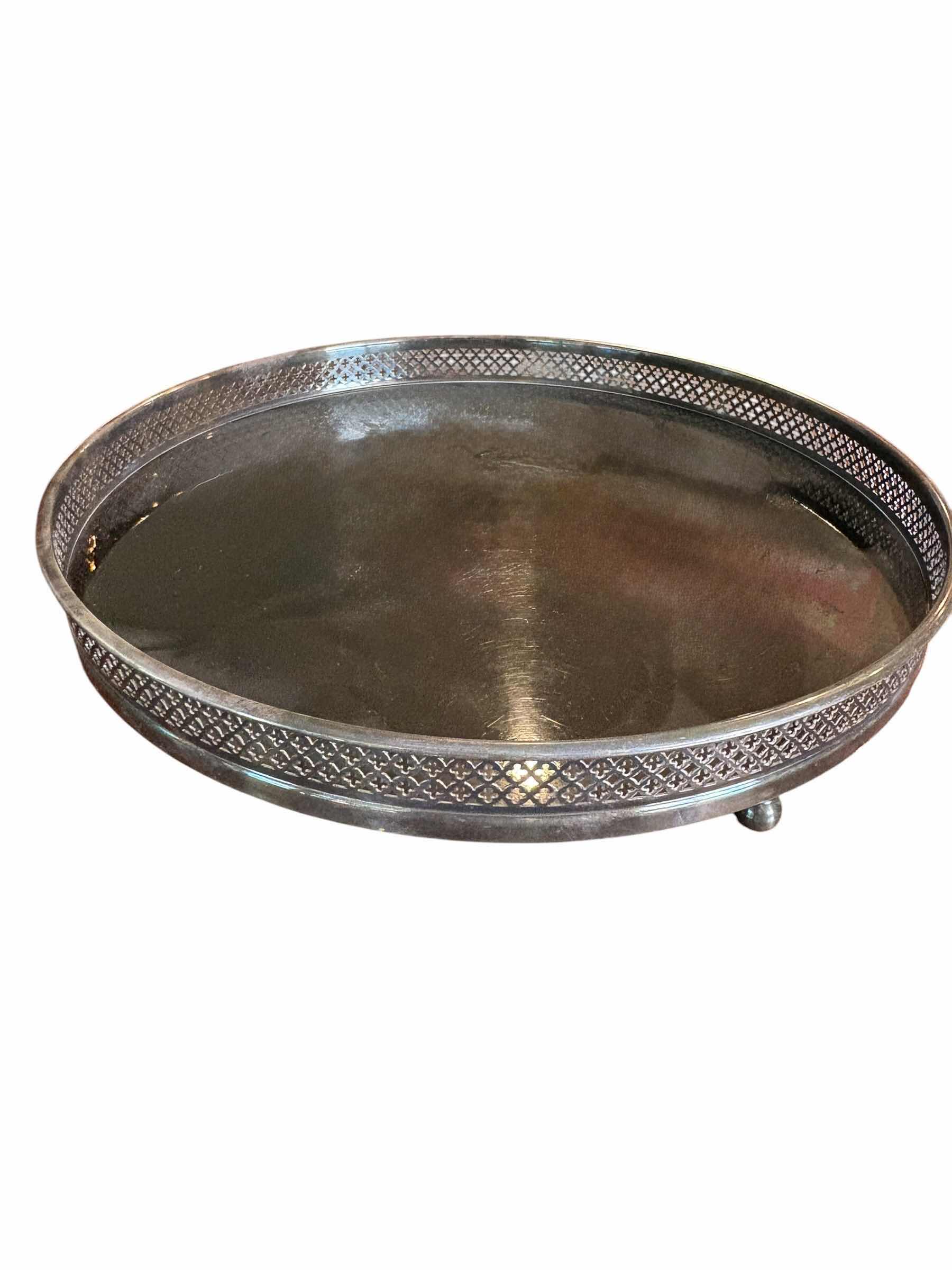 Photo 1 of VINTAGE MCM BLACK FORMICA SILVER PLATED SERVING TRAY D12”
