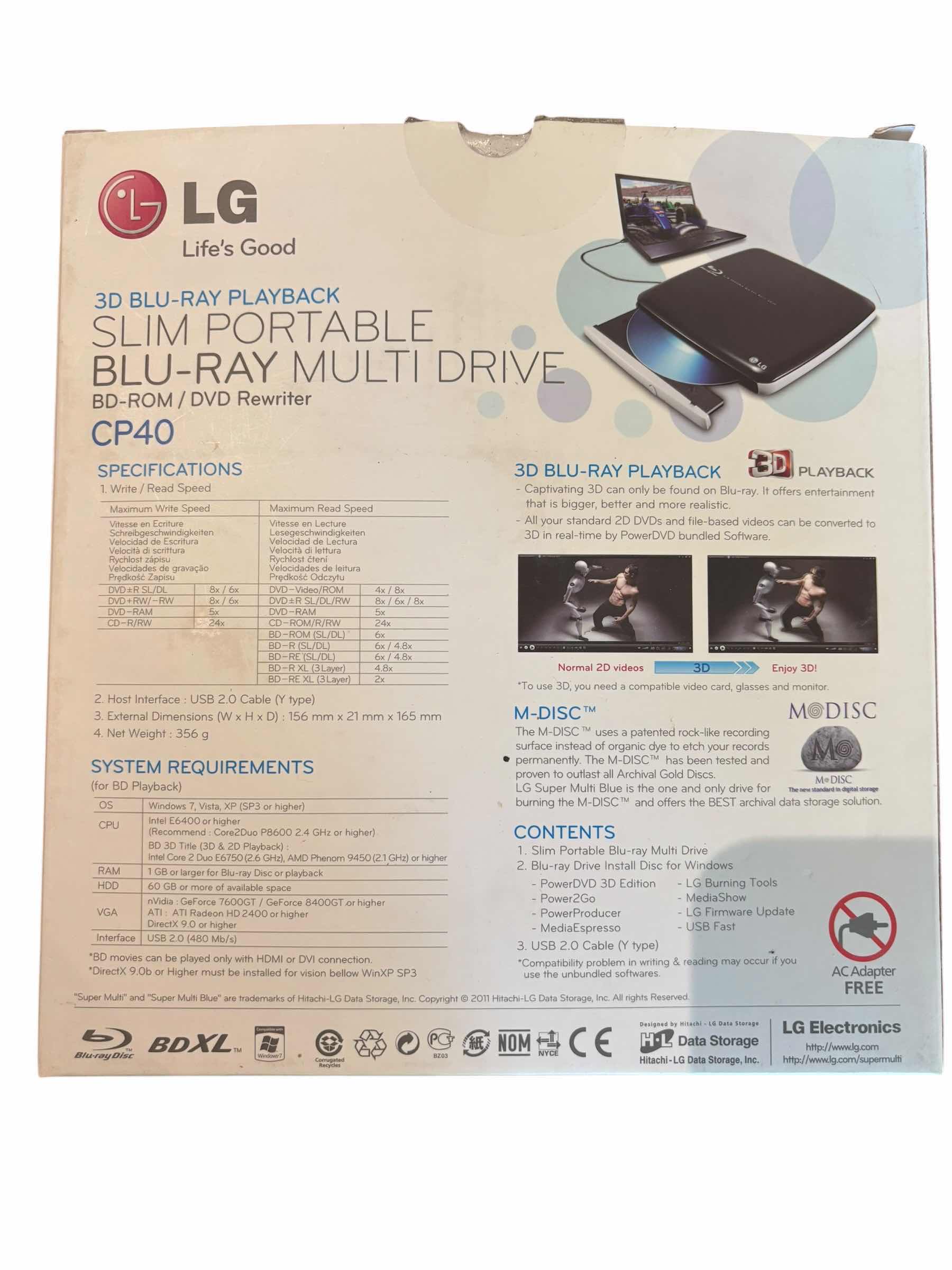 Photo 1 of NIB LG SLIM PORTABLE BLU-RAY MULTI DRIVE $65