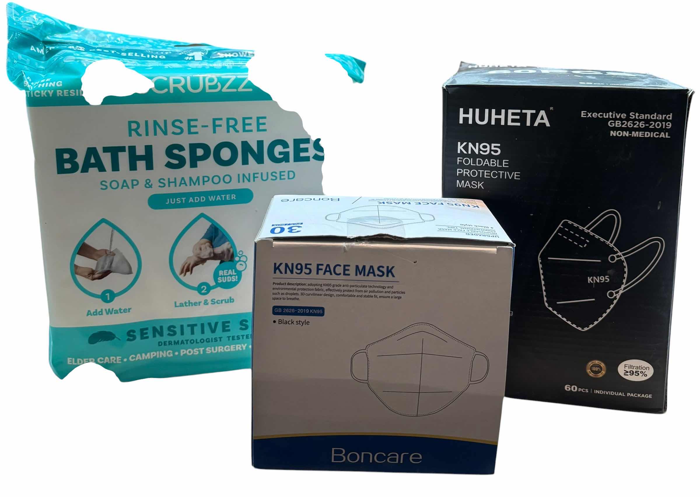 Photo 1 of NIB BATH SPONGES, KN95 FOLDABLE FACE MASKS