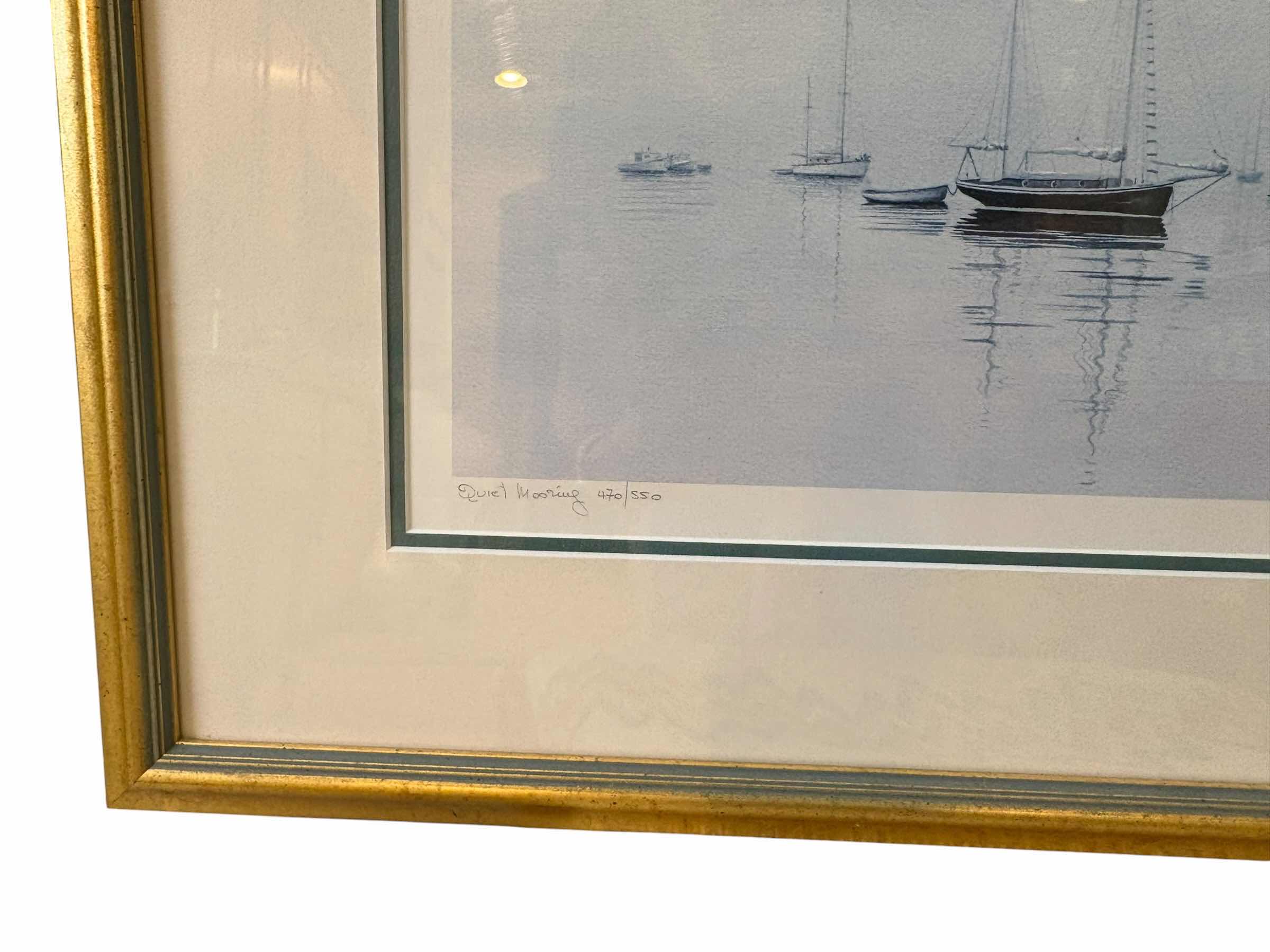 Photo 1 of FRAMED ARTWORK WATERCOLOR SAILBOATS QUIET MORING 470/550 SIGNED HAUKES 22.5”X19”