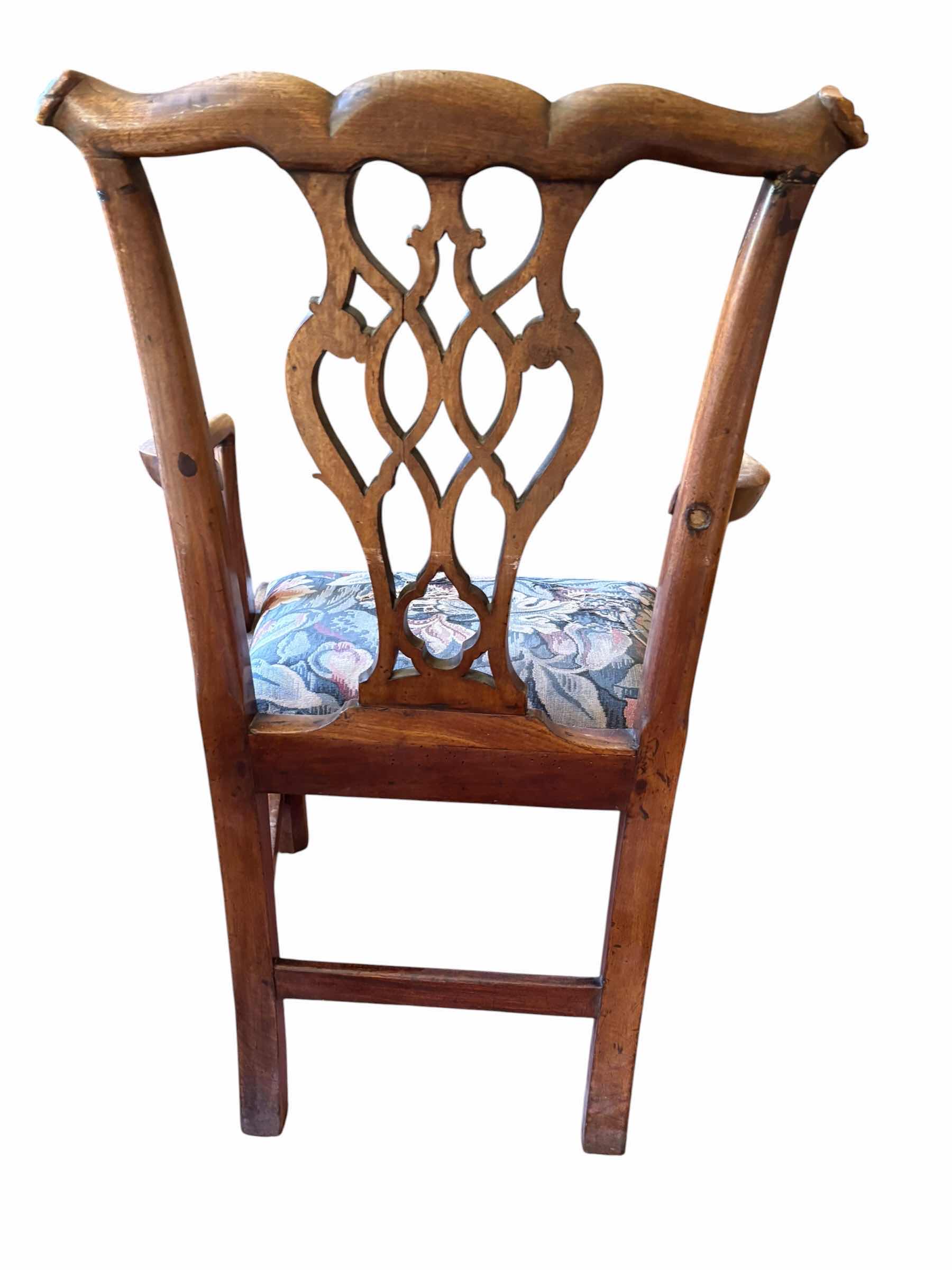 Photo 1 of CHIPPENDALE MAHOGANY ARM CHAIR W/UPHOLSTERED SEAT H18”