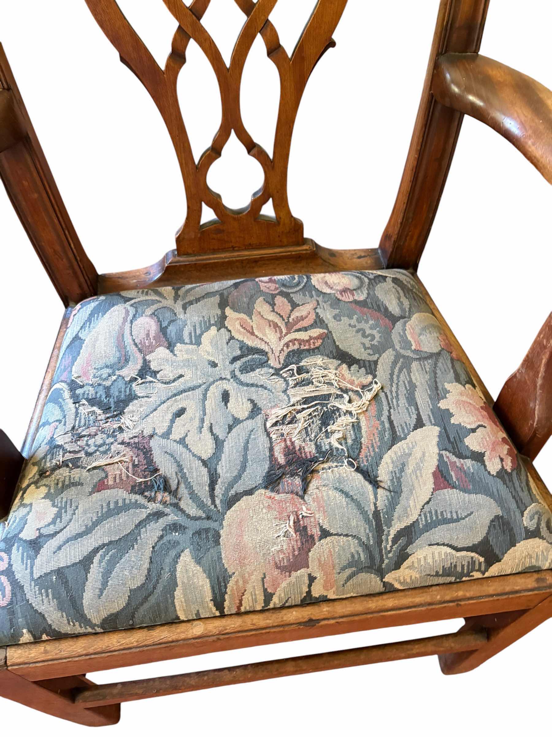 Photo 1 of CHIPPENDALE MAHOGANY ARM CHAIR W/UPHOLSTERED SEAT H18”