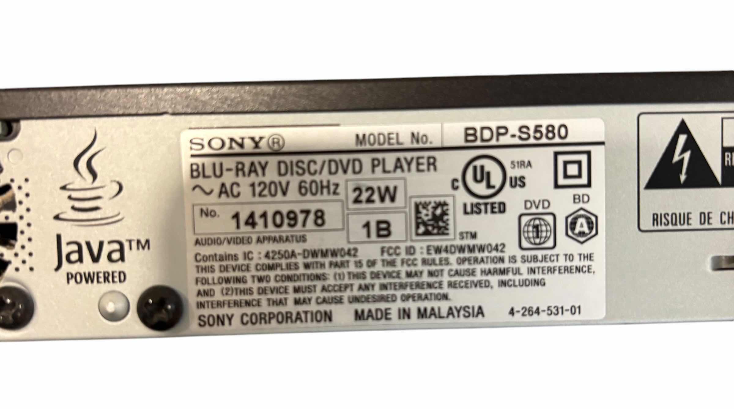 Photo 1 of SONY BDP-S580 BLU RAY DVD PLAYER, NO REMOTE