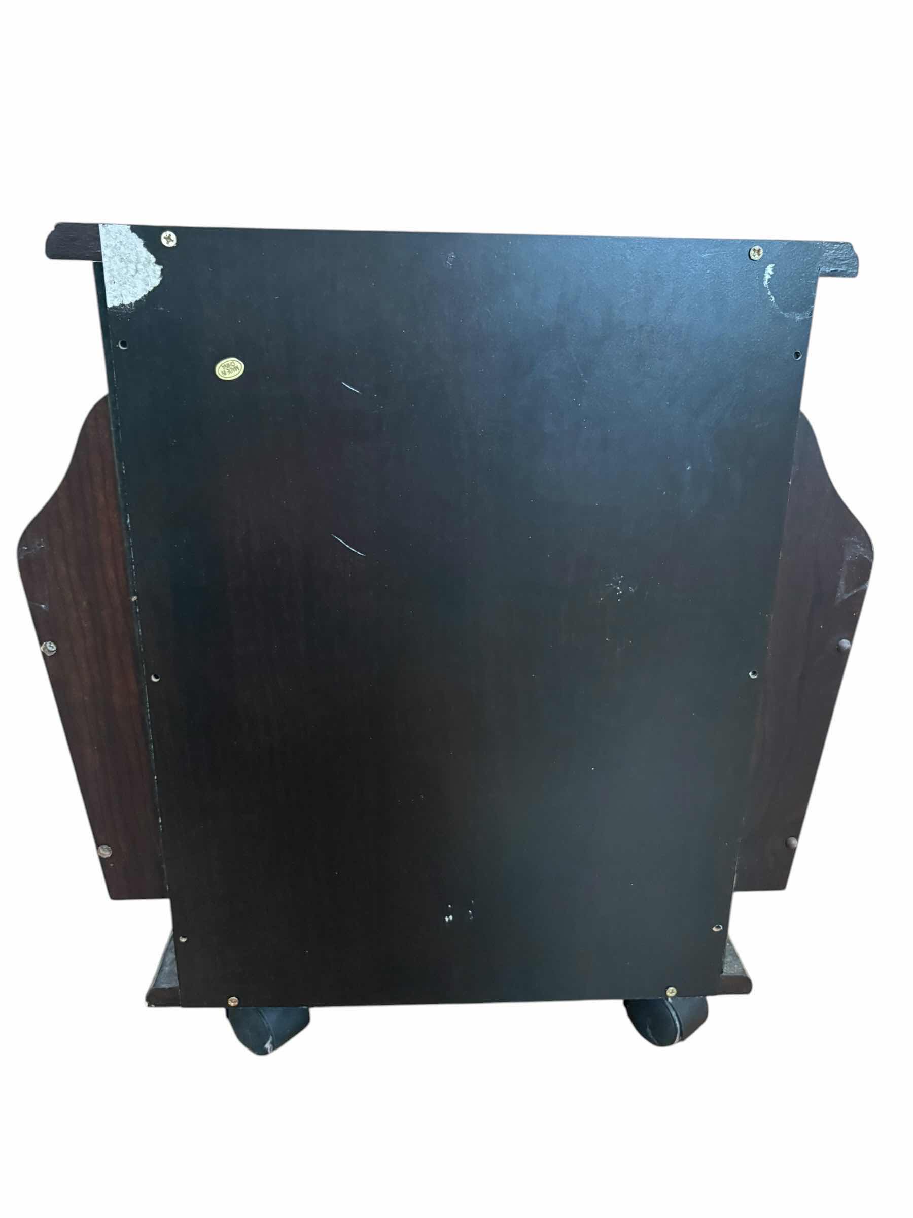 Photo 1 of FAUX DARK WOOD ORGANIZER RACK W WHEELS 13.75”X14”H18” $125