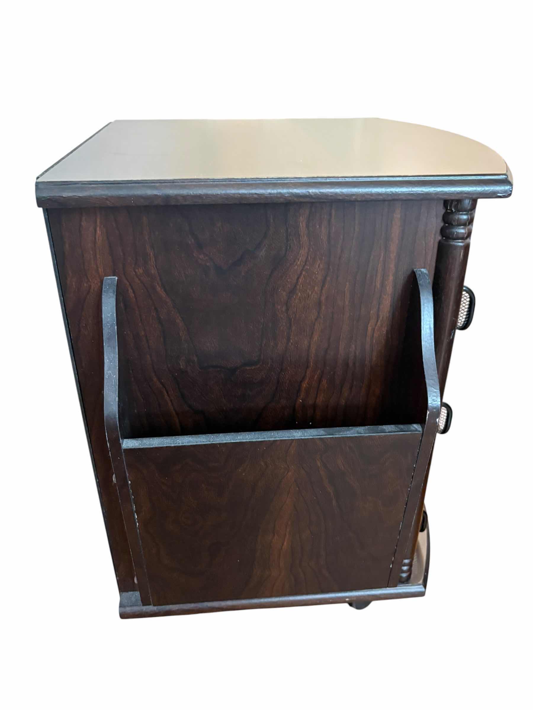 Photo 1 of FAUX DARK WOOD ORGANIZER RACK W WHEELS 13.75”X14”H18” $125