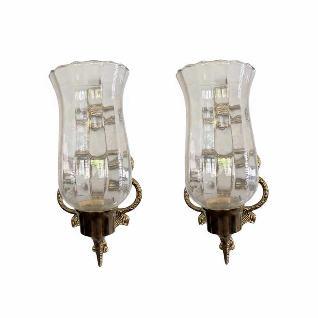 Photo 1 of (2)PCS VINTAGE BRASS SCONCES W FLUTES GLASS HURRICANE SHADES H9.5”
