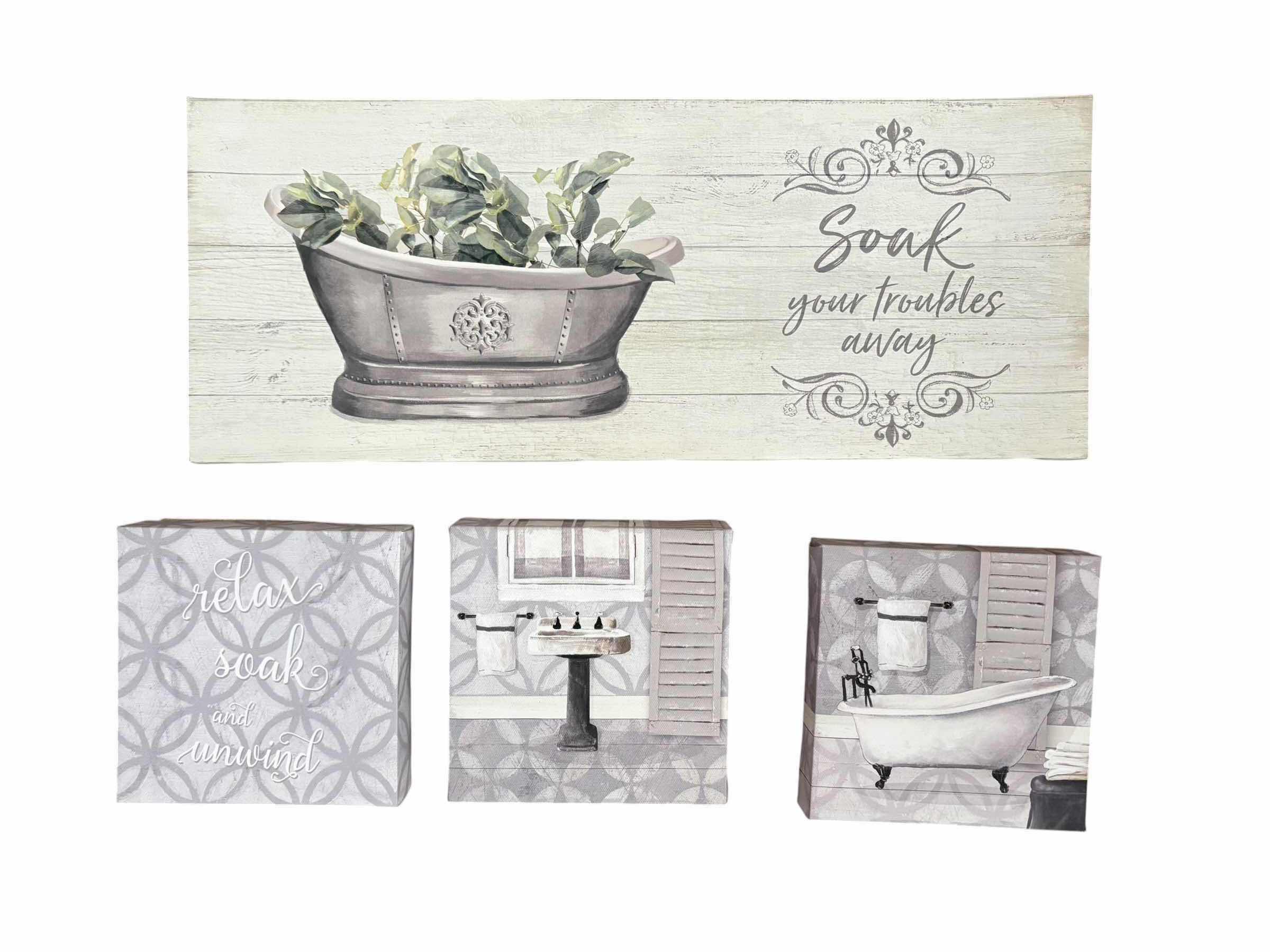 Photo 1 of (4)PCS BATHROOM CANVAS “SOAK YOUR TROUBLES AWAY” LONGEST 20”X8”