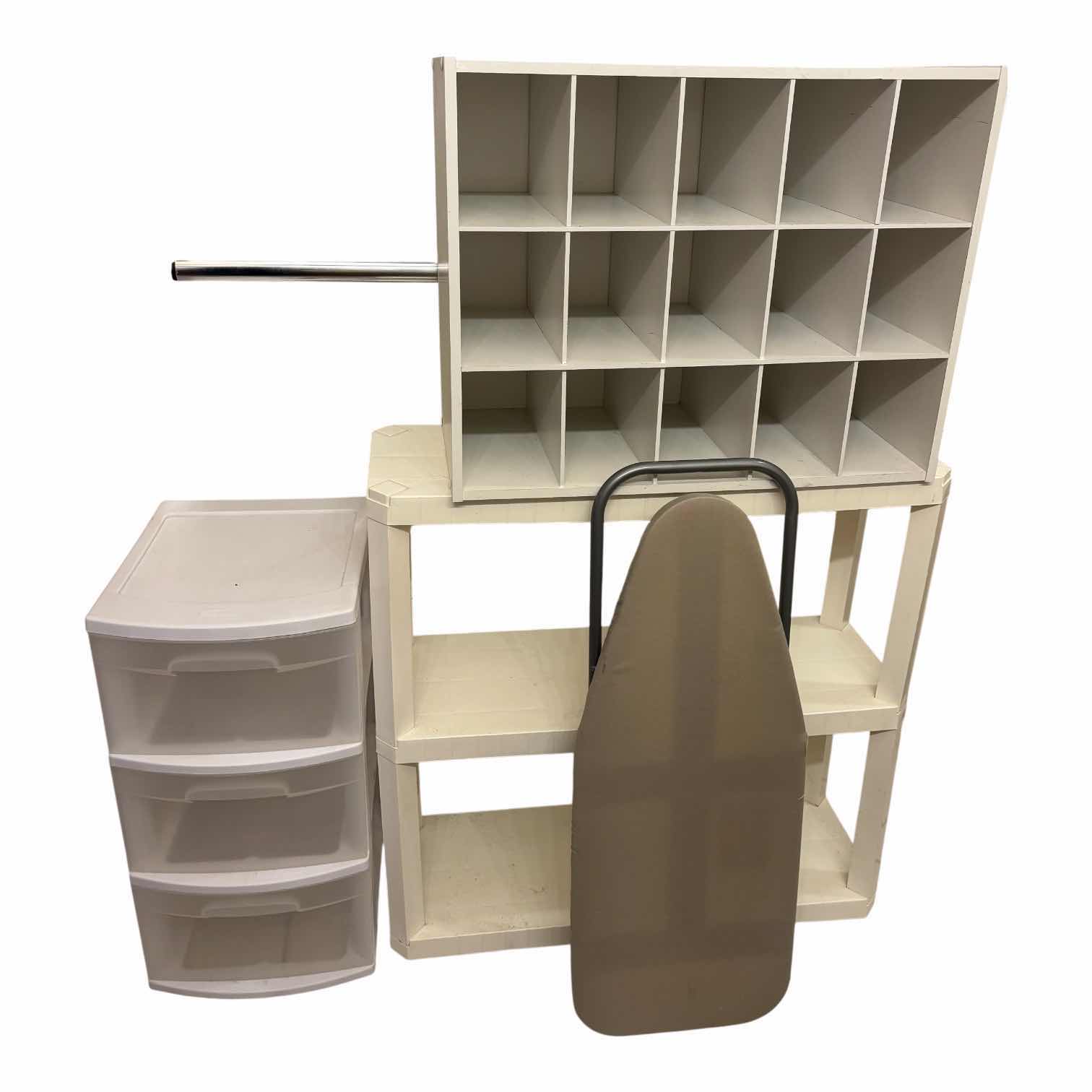 Photo 1 of 3-DRAWER PLASTIC STORAGE, SHOE ORGANIZER, SMALL IRONING BOARD & PLASTIC SHELVING