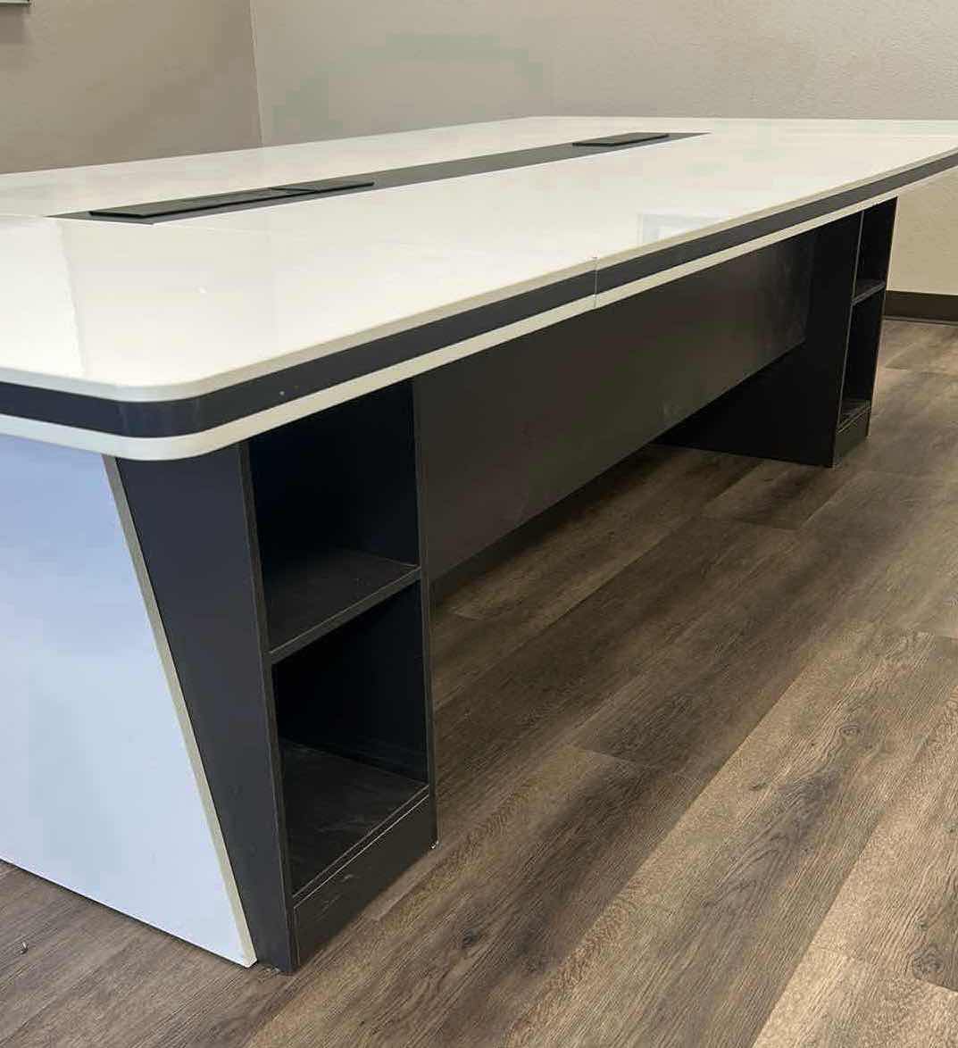 Photo 1 of MODERN CONFERENCE TABLE WHITE GLOSSY TOP DARK BASE AND INTEGRATED CABLE MANAGEMENT HUBS 118" X 55" H 29"