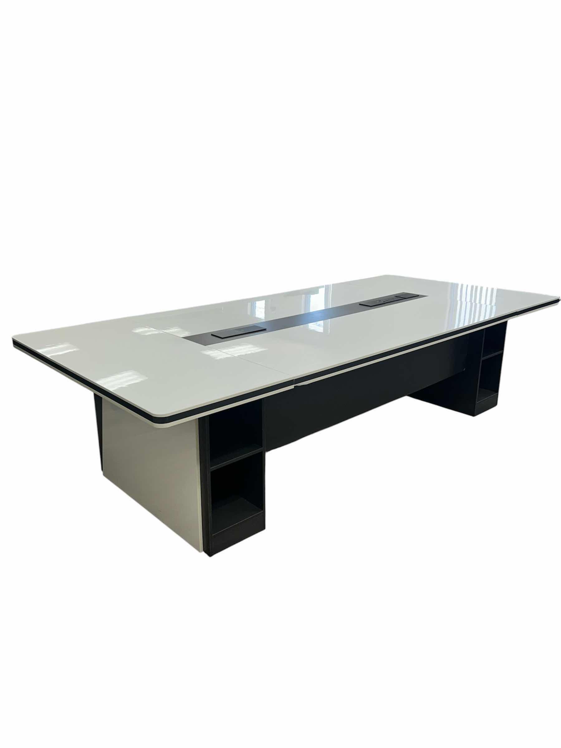 Photo 1 of MODERN CONFERENCE TABLE WHITE GLOSSY TOP DARK BASE AND INTEGRATED CABLE MANAGEMENT HUBS 118" X 55" H 29"