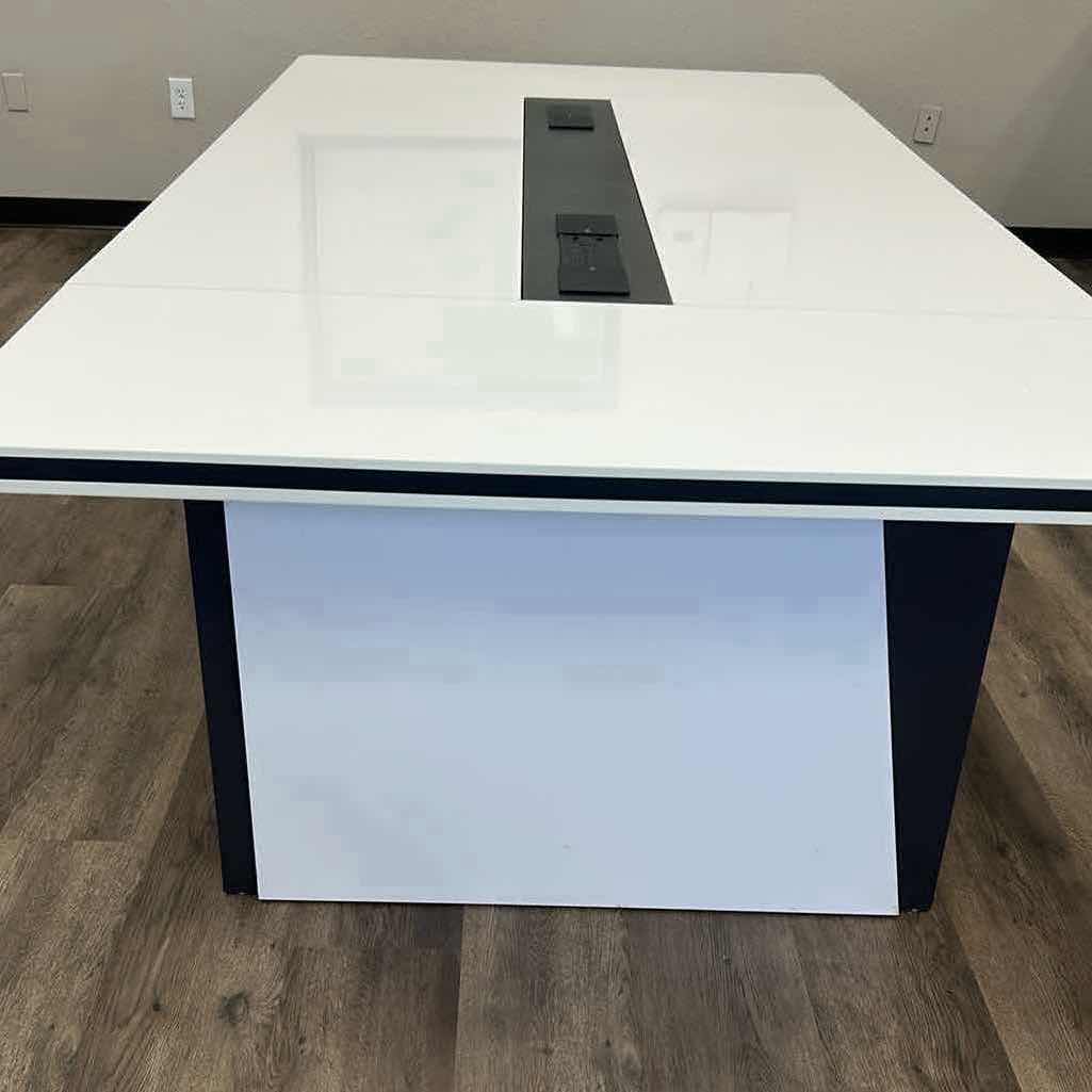 Photo 1 of MODERN CONFERENCE TABLE WHITE GLOSSY TOP DARK BASE AND INTEGRATED CABLE MANAGEMENT HUBS 118" X 55" H 29"