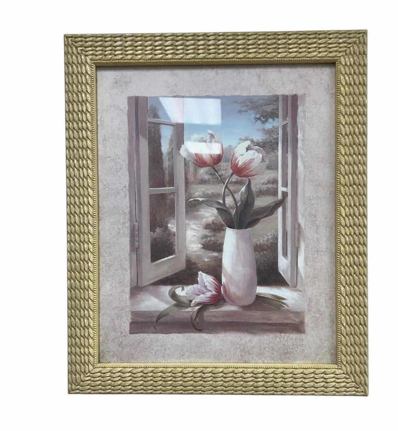 Photo 1 of FRAMED FLORAL PRINT " VINTAGE TULIPS IN WINDOW" 20"X 23"