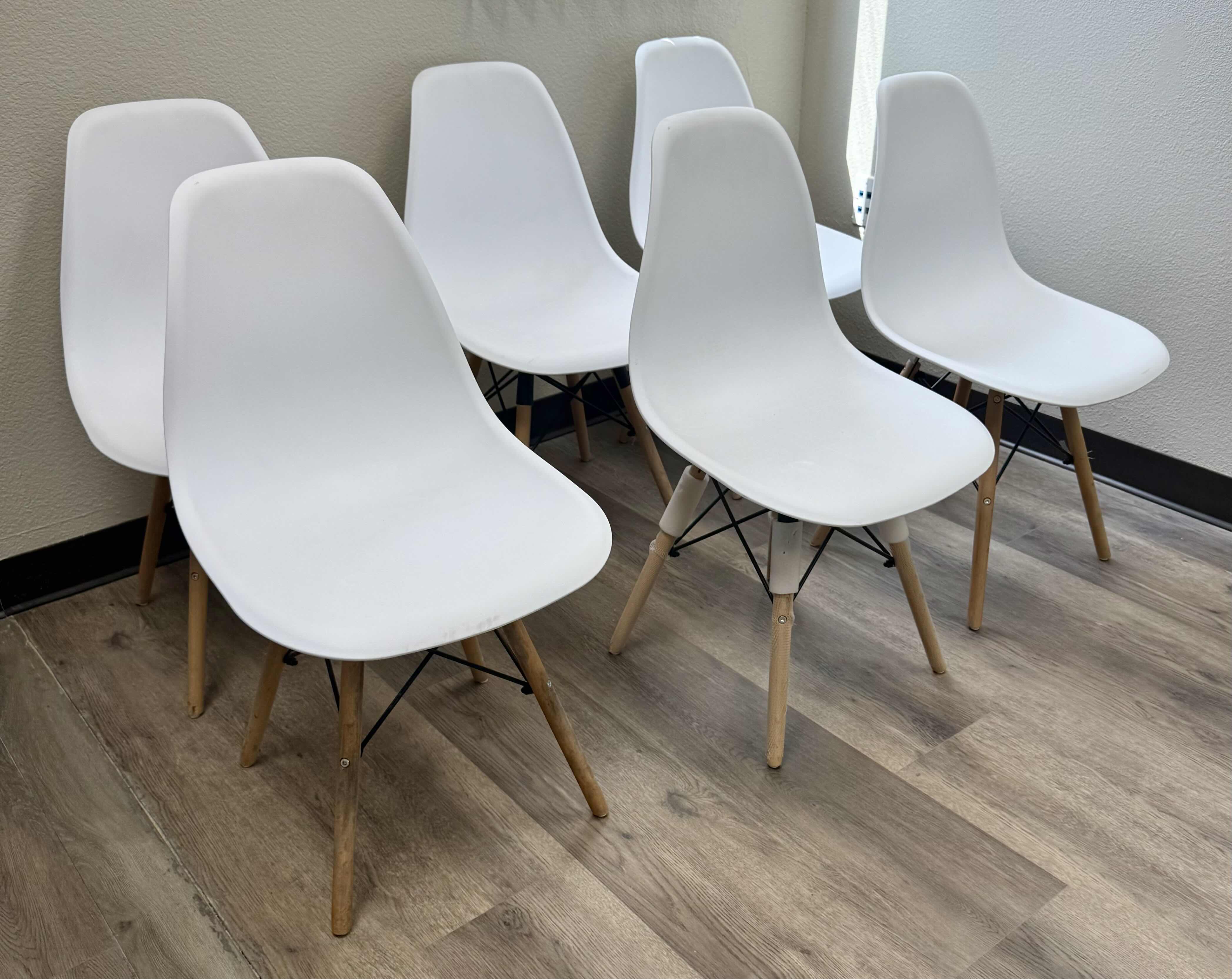 Photo 1 of 6-BUCKET SIDE CHAIRS W WHITE PLASTIC & WOOD LEGS
