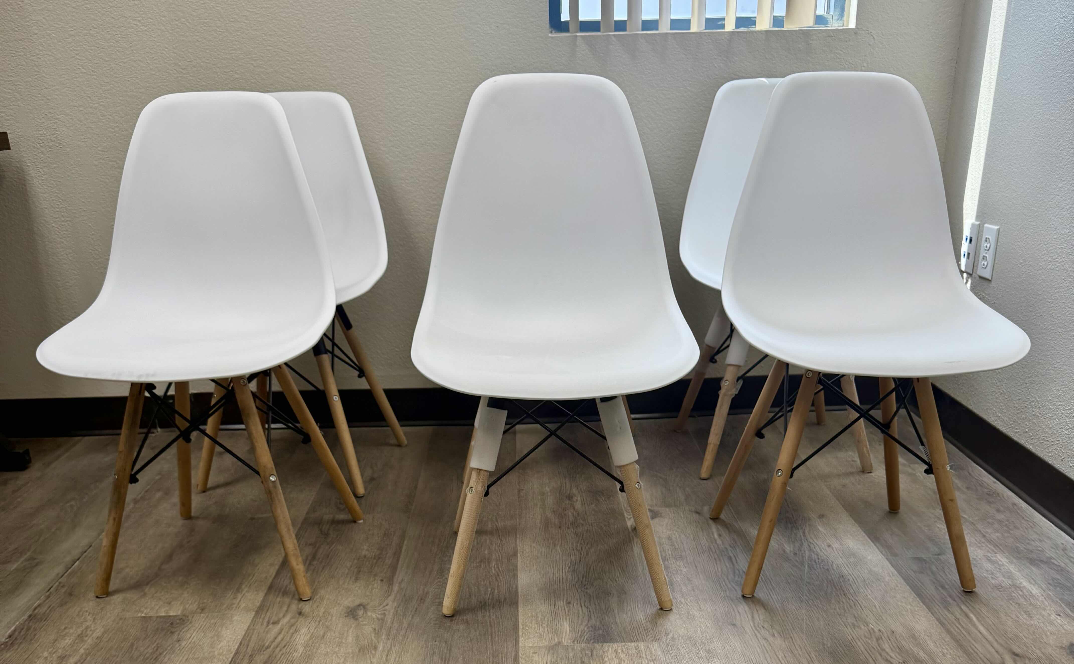 Photo 1 of 6-BUCKET SIDE CHAIRS W WHITE PLASTIC & WOOD LEGS