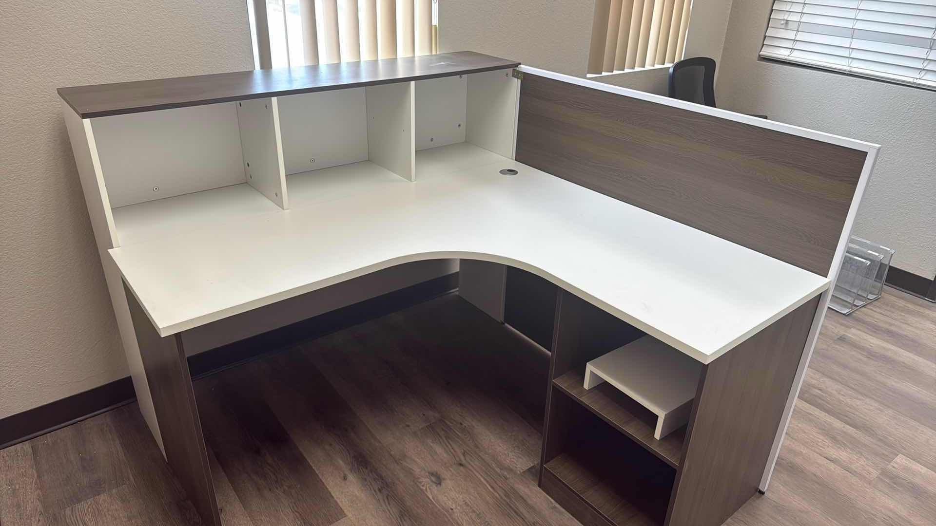 Photo 1 of L-SHAPED RECEPTION DESK DURABLE LAMINATE SURFACE W REVERSIBLE DESIGN 55.5”x59” H43”