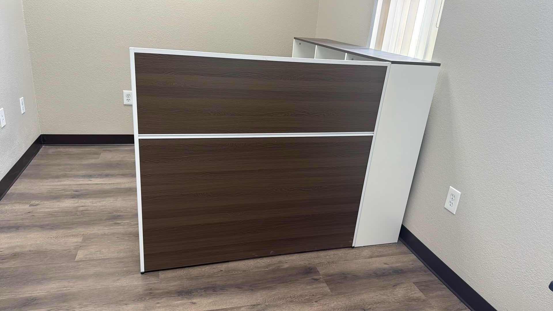 Photo 1 of L-SHAPED RECEPTION DESK DURABLE LAMINATE SURFACE W REVERSIBLE DESIGN 55.5”x59” H43”
