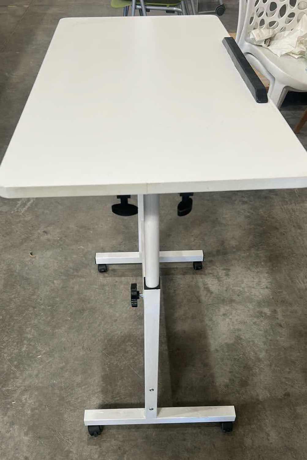 View 2 of MOBILE STANDING WHITE DESK W ADJUSTABLE HEIGHT TILT ANGLE 31" X 16" H 32"