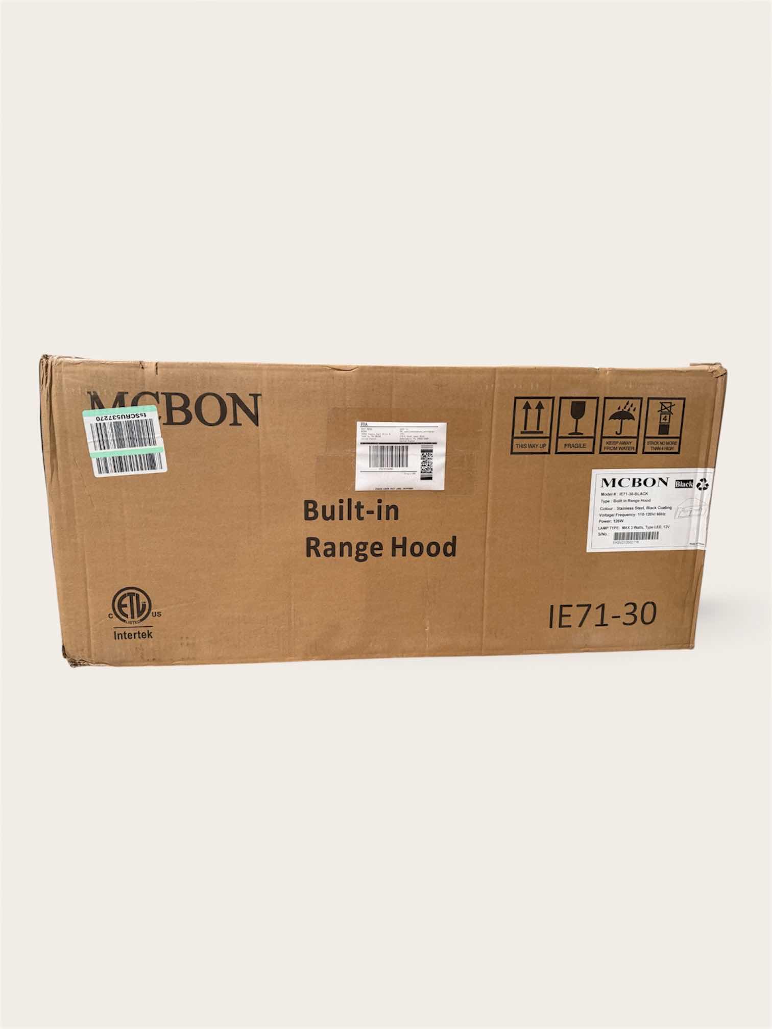 Photo 1 of NIB MCBON 30” STAINLESS STEEL WITH BLACK COATING BUILT-IN RANGE HOOD IE71-3O-BLACK
