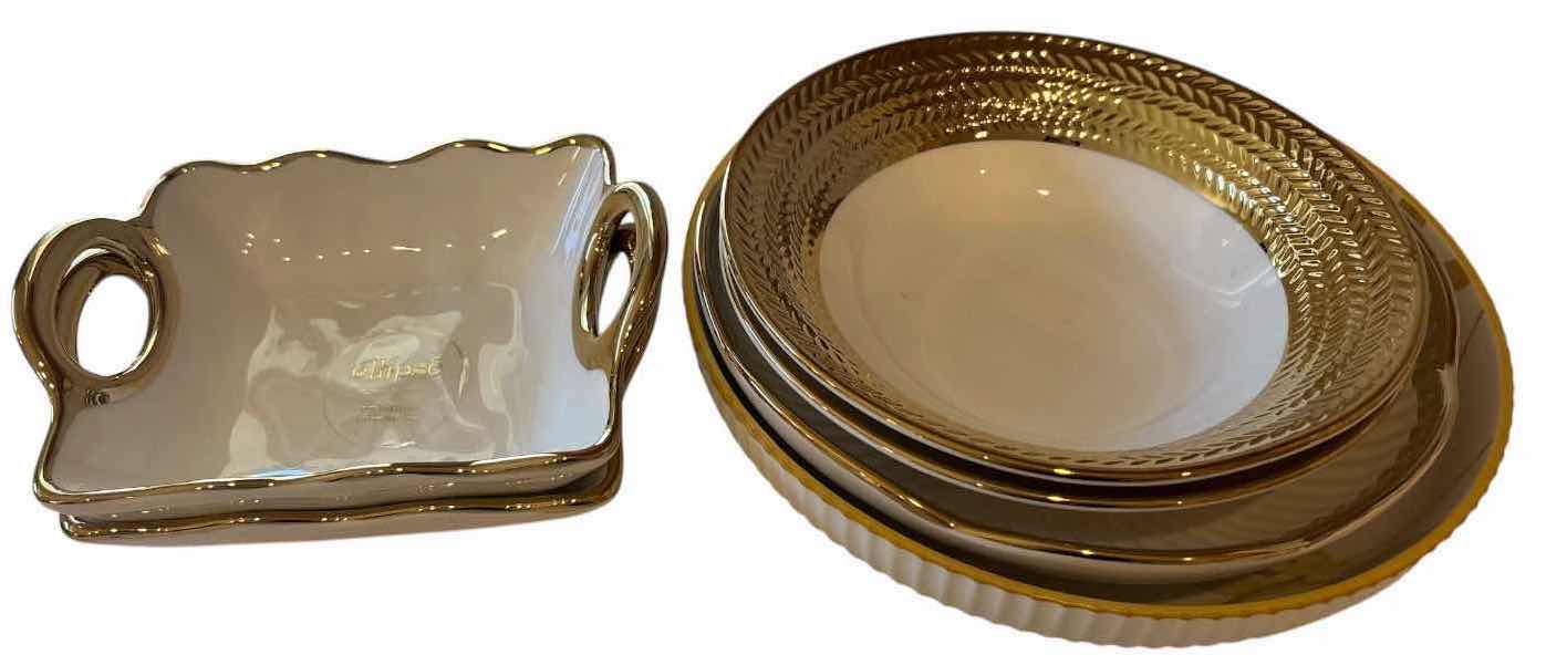 Photo 1 of (7)PCS TABLEWARE GOLD-TRIMMED SERVING DISHES & GLASS BOWL D8.5”